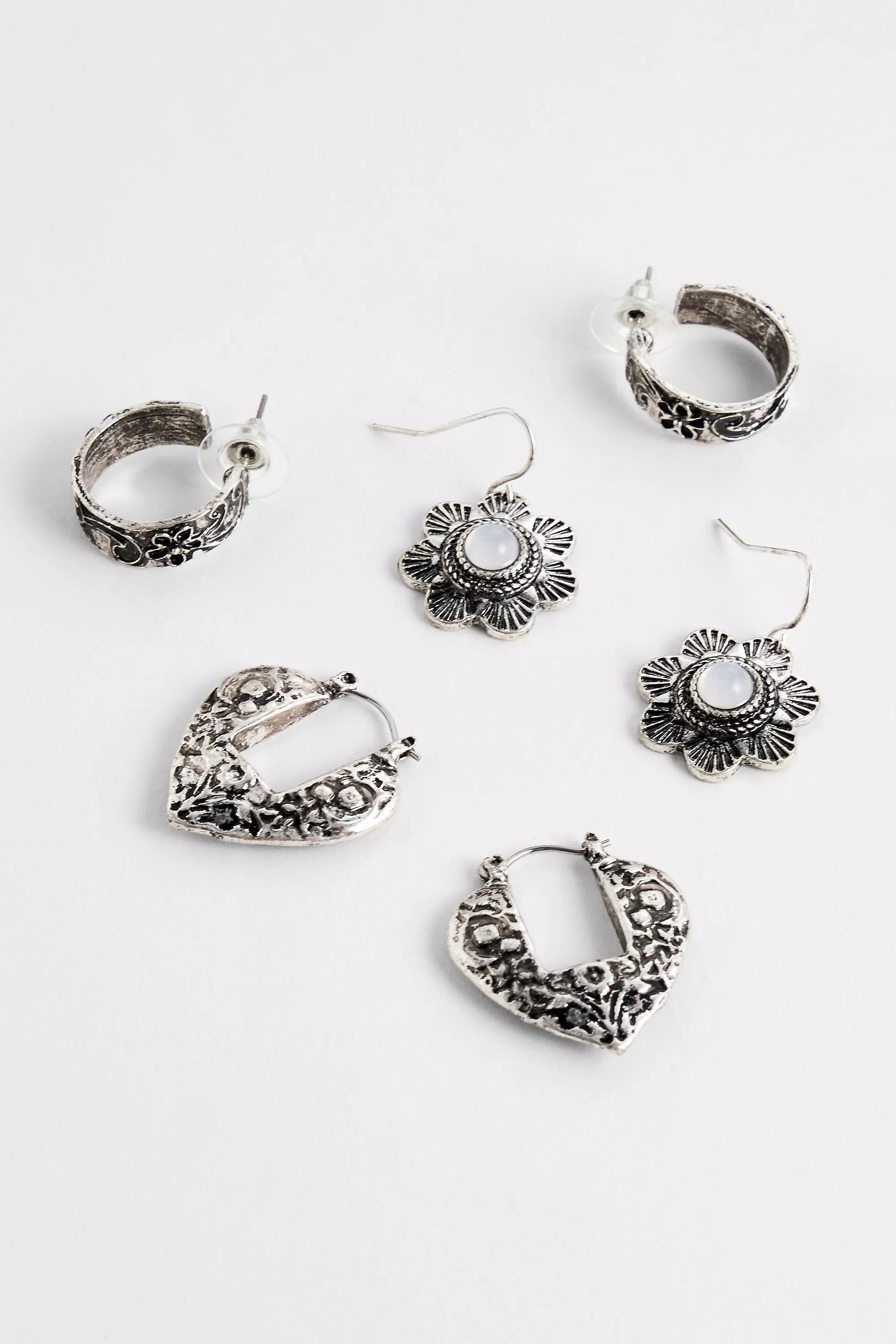 Silver Silence + Noise Etched Floral Earrings, Set Of 3, SLVR, large image number 2