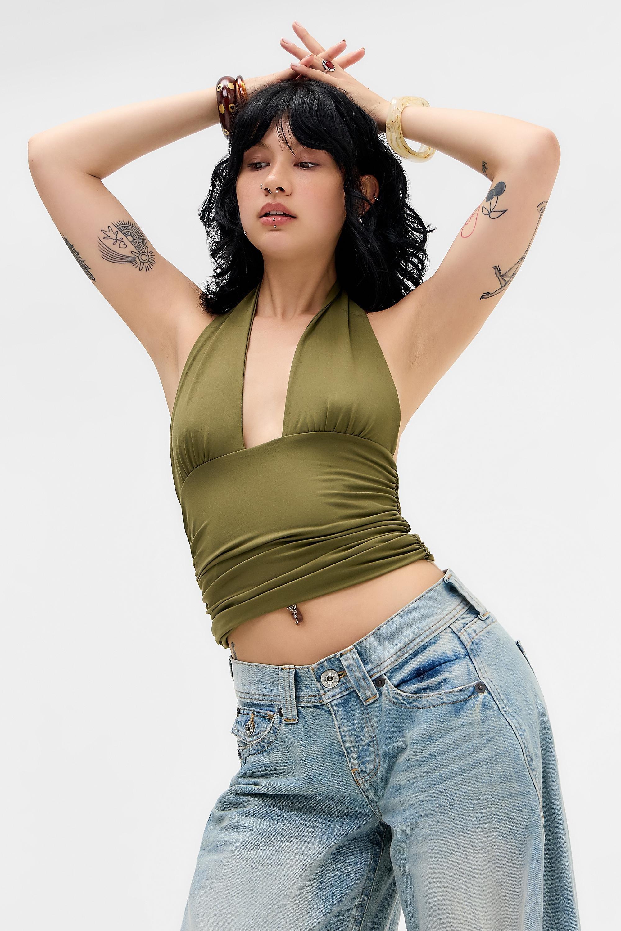 KHAKI Silence + Noise Anya Ruched Halterneck Top, KHAKI, large image number 2