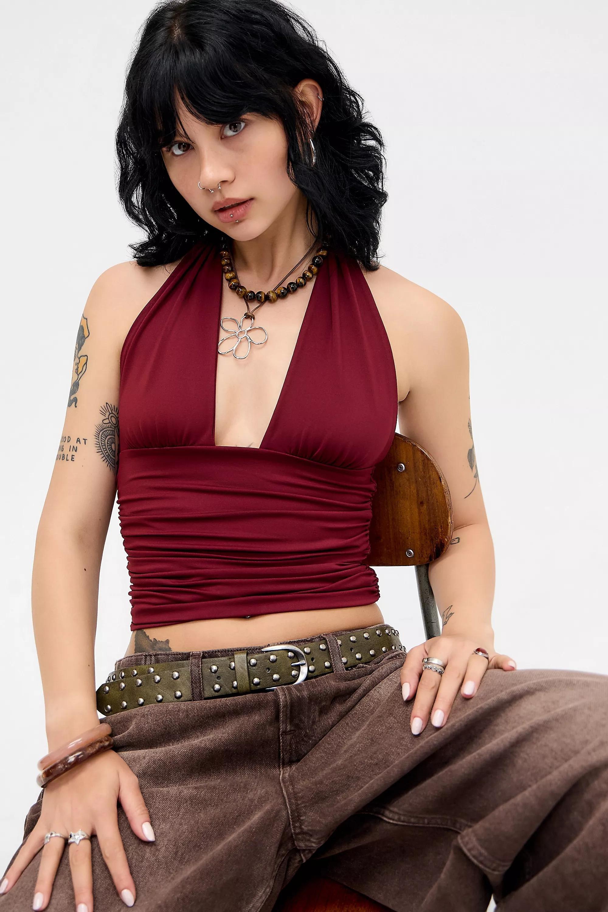 Burgundy Silence + Noise Anya Ruched Halterneck Top, WINE, medium