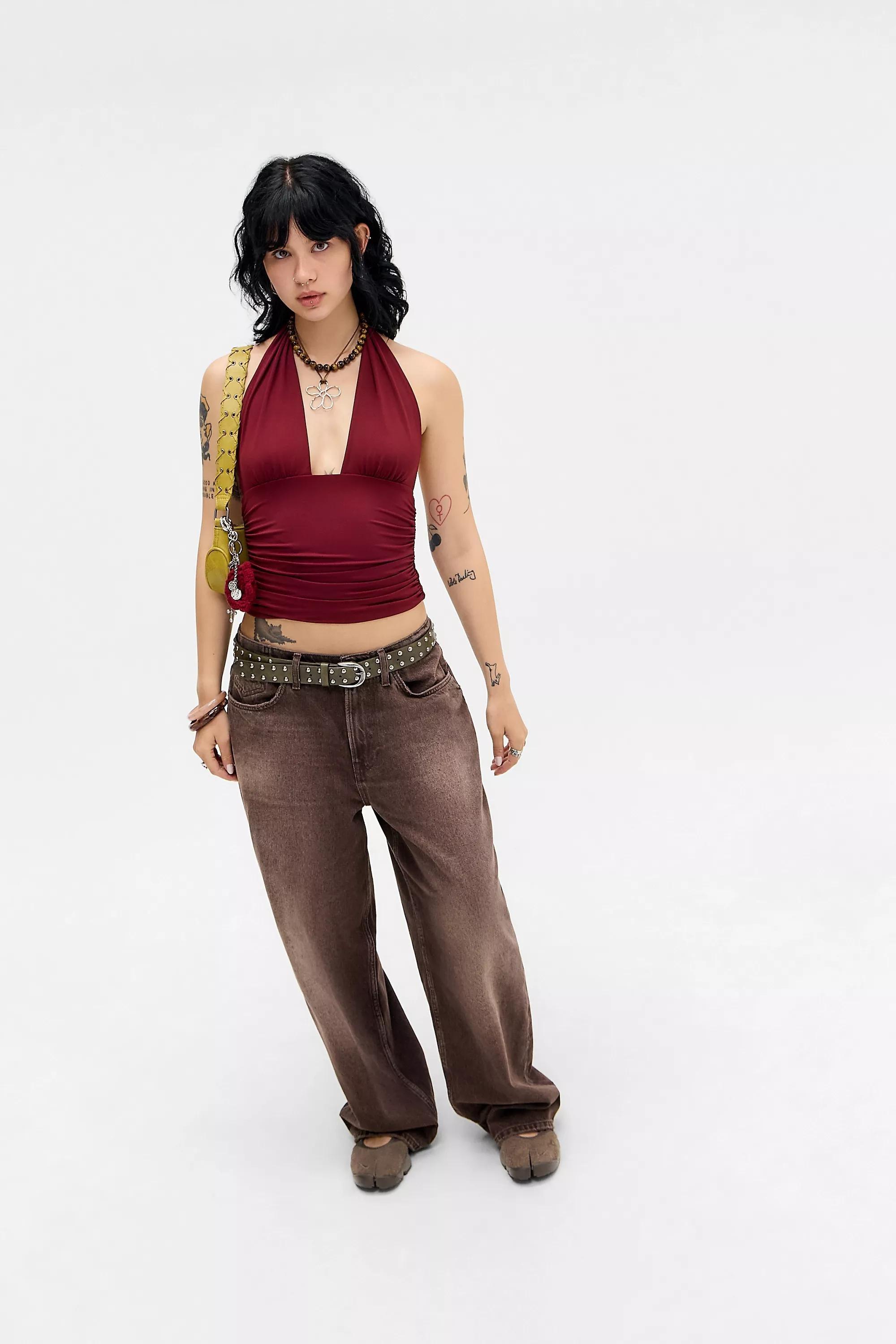 Burgundy Silence + Noise Anya Ruched Halterneck Top, WINE, medium