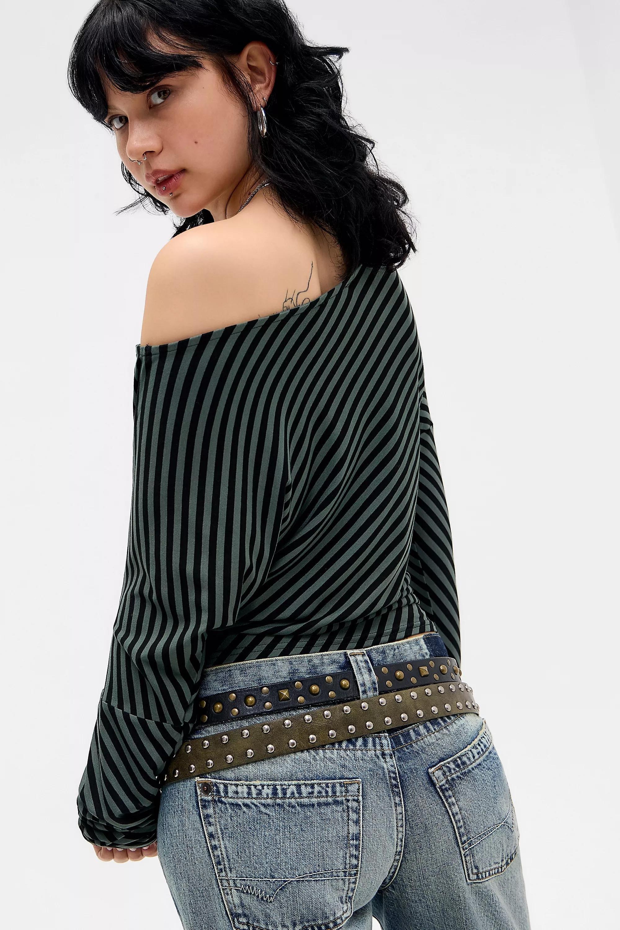 Green Silence + Noise Livia Stripe Off-Shoulder T-Shirt, KHAKI, large image number 1