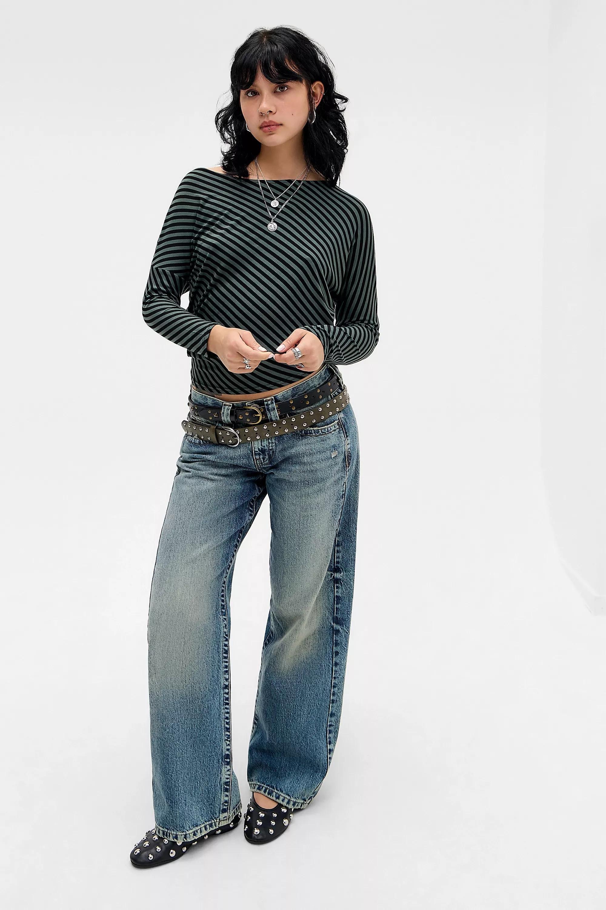 Green Silence + Noise Livia Stripe Off-Shoulder T-Shirt, KHAKI, large image number 2