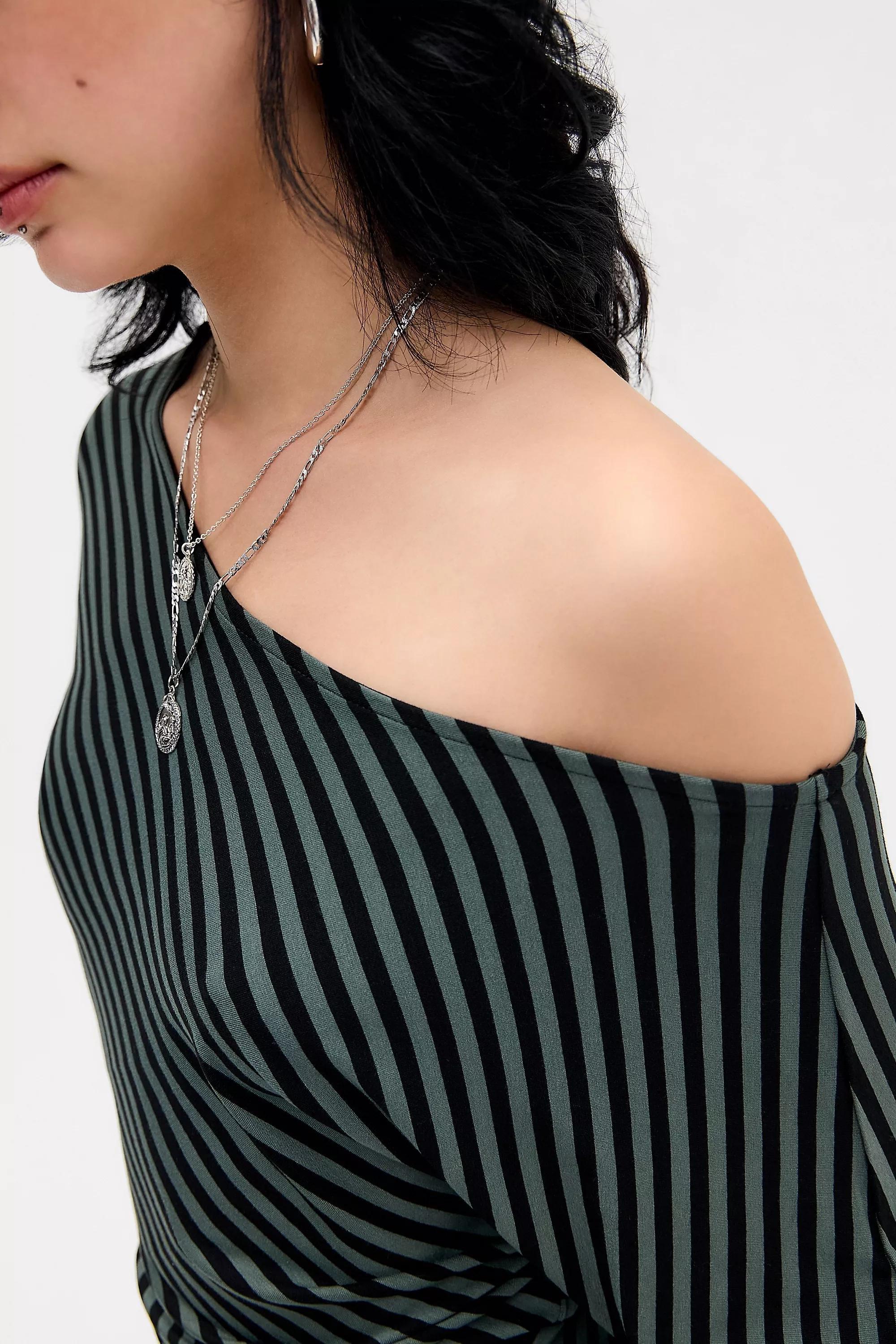 Green Silence + Noise Livia Stripe Off-Shoulder T-Shirt, KHAKI, large image number 3