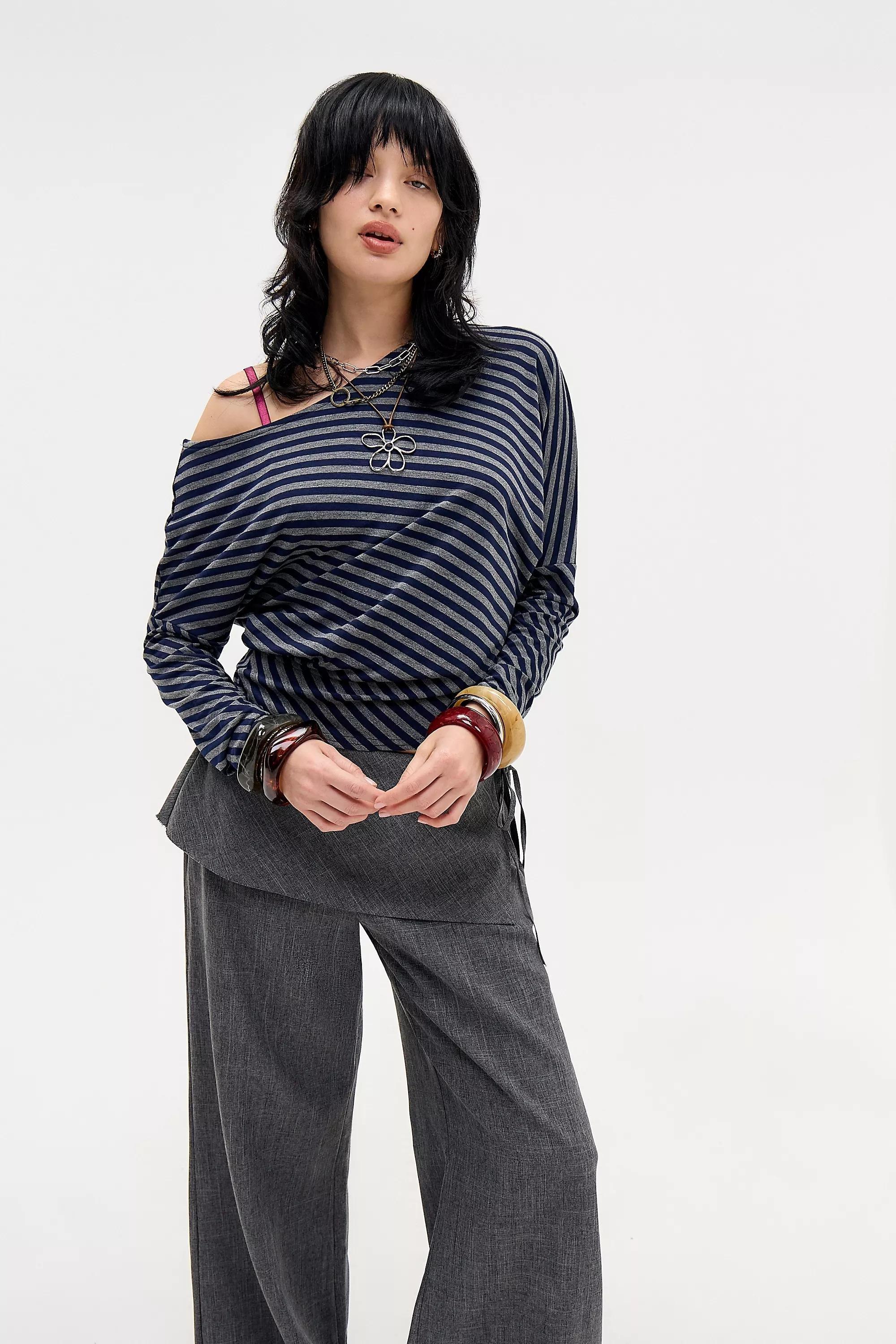 Navy Silence + Noise Striped Off-Shoulder T-Shirt, NAVY, medium