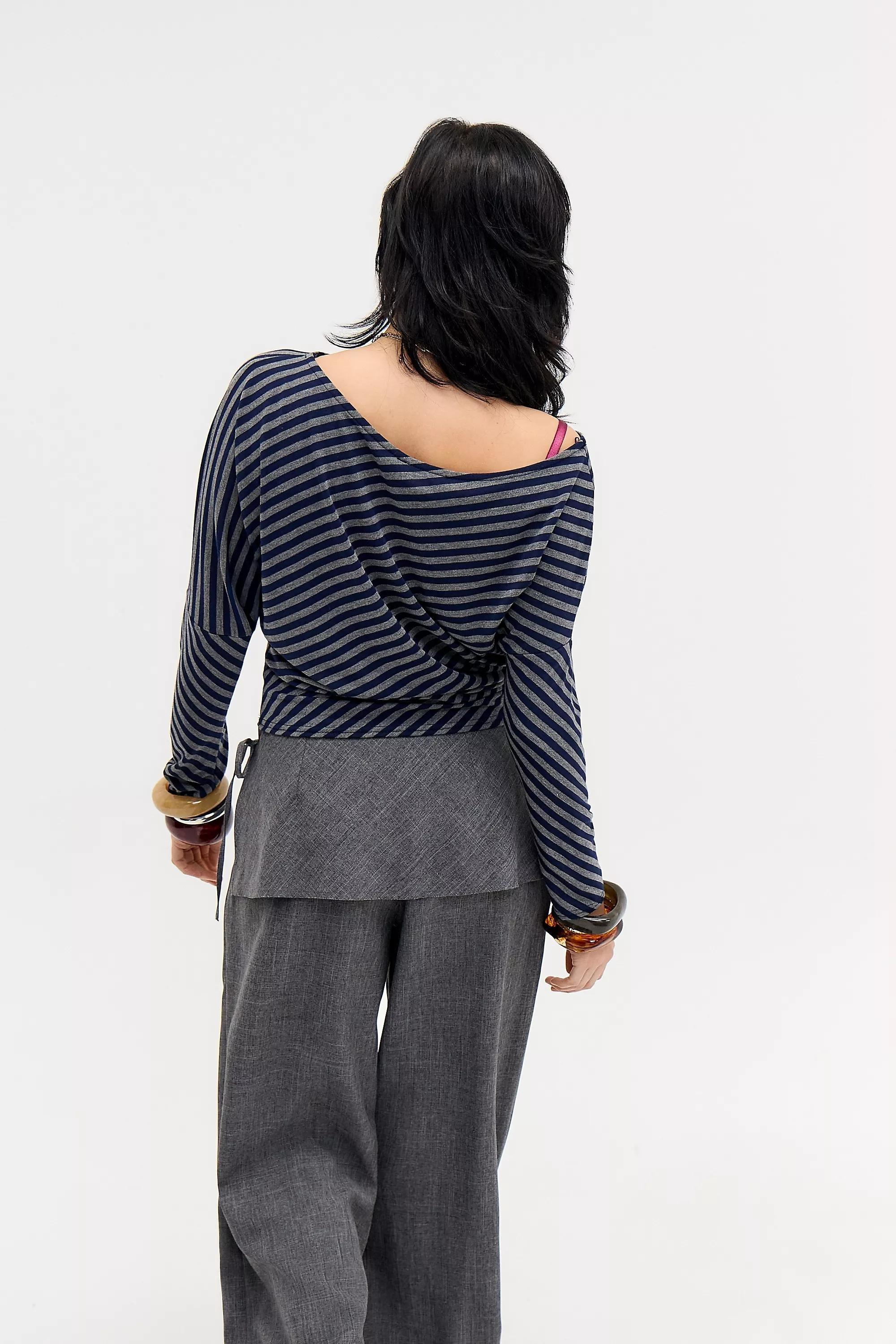 Navy Silence + Noise Striped Off-Shoulder T-Shirt, NAVY, large image number 3