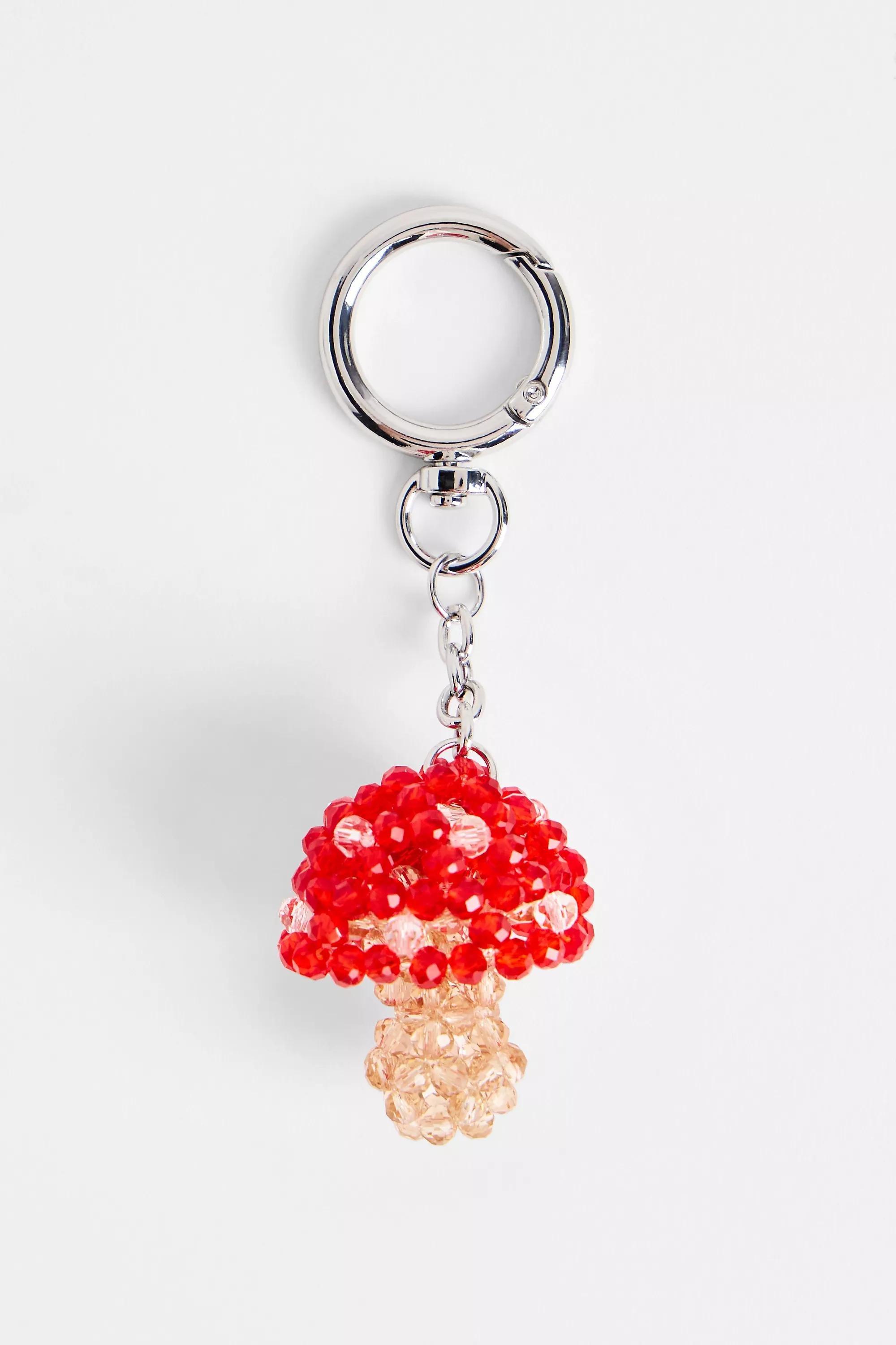 Red Mushroom Beaded Keyring, RED, medium