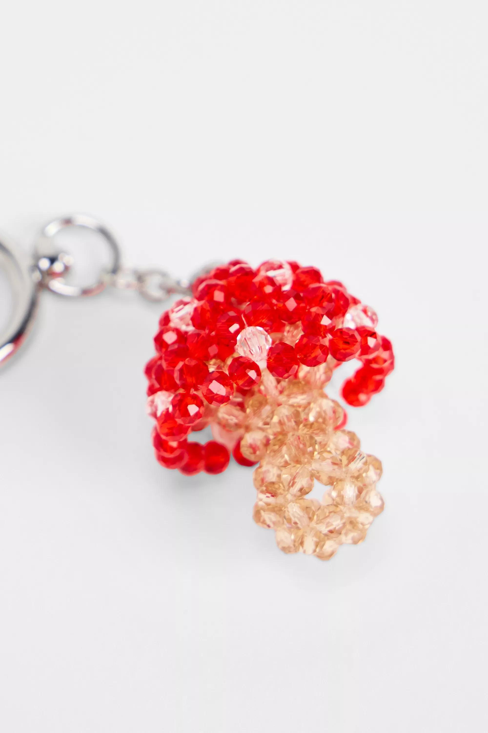 Red Mushroom Beaded Keyring, RED, medium