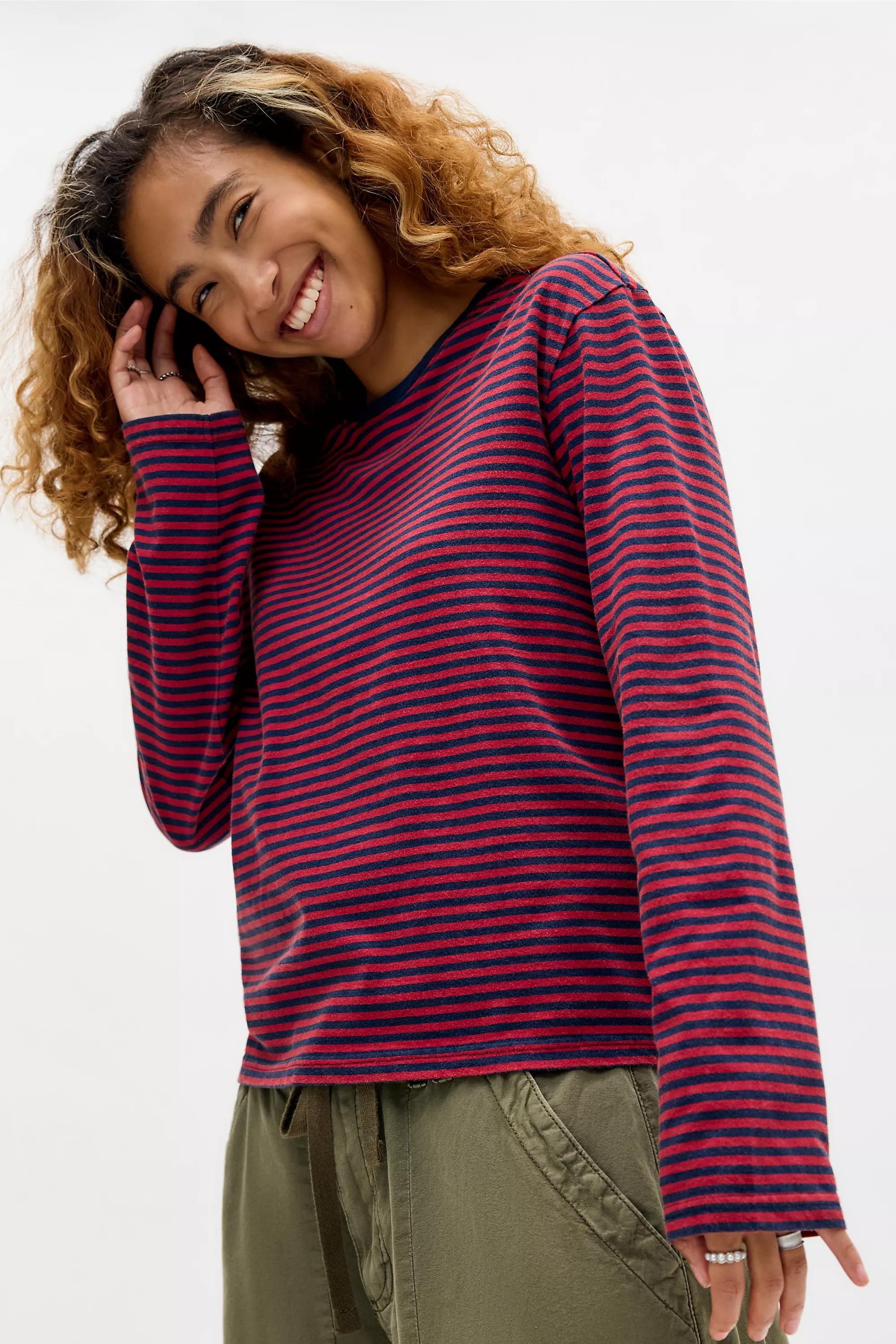 Red Bdg Stripe Long Sleeve Relaxed T-Shirt, RED, large image number 0