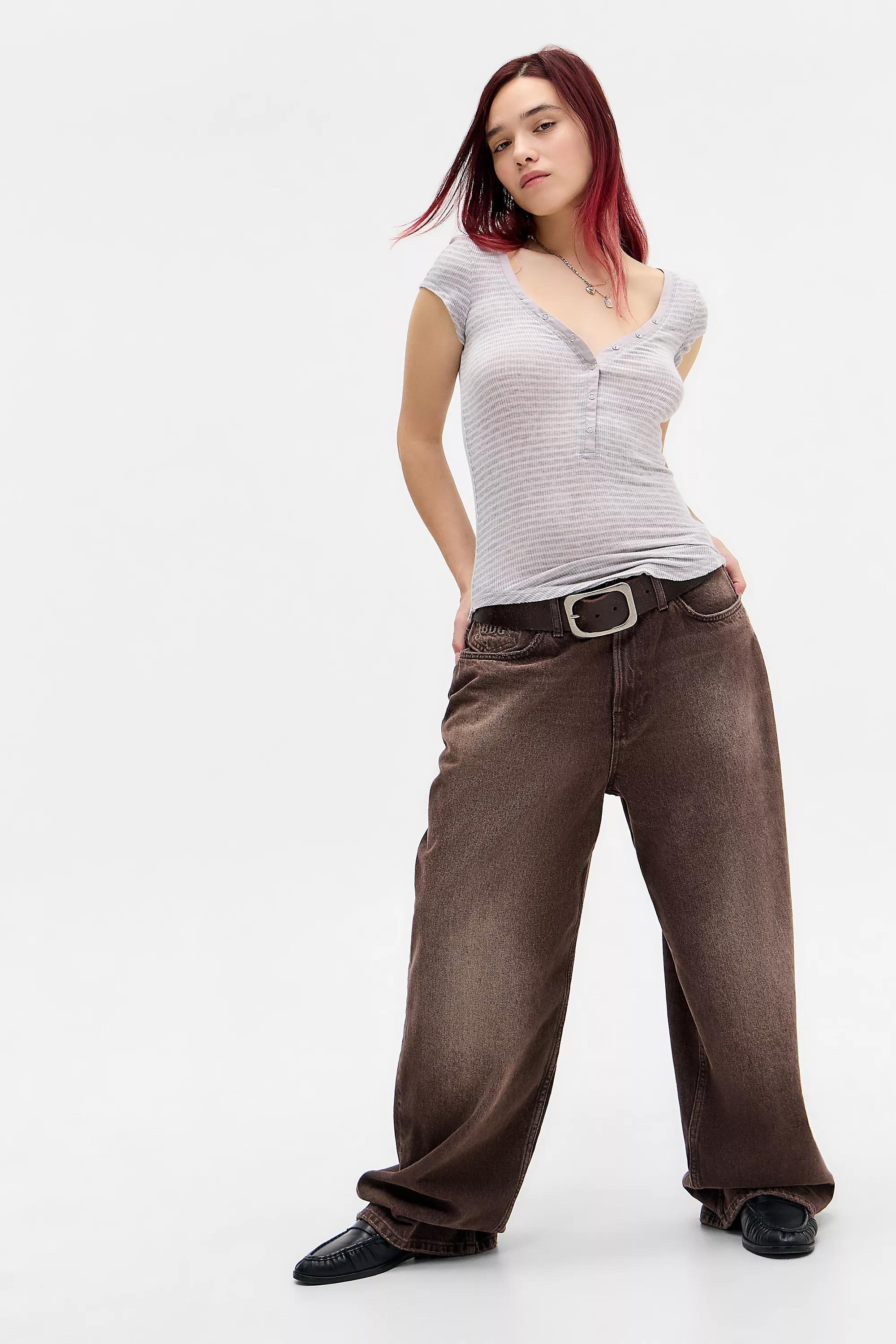 Grey Out From Under Stripe Short Sleeve Henley Top, GREY, large image number 1