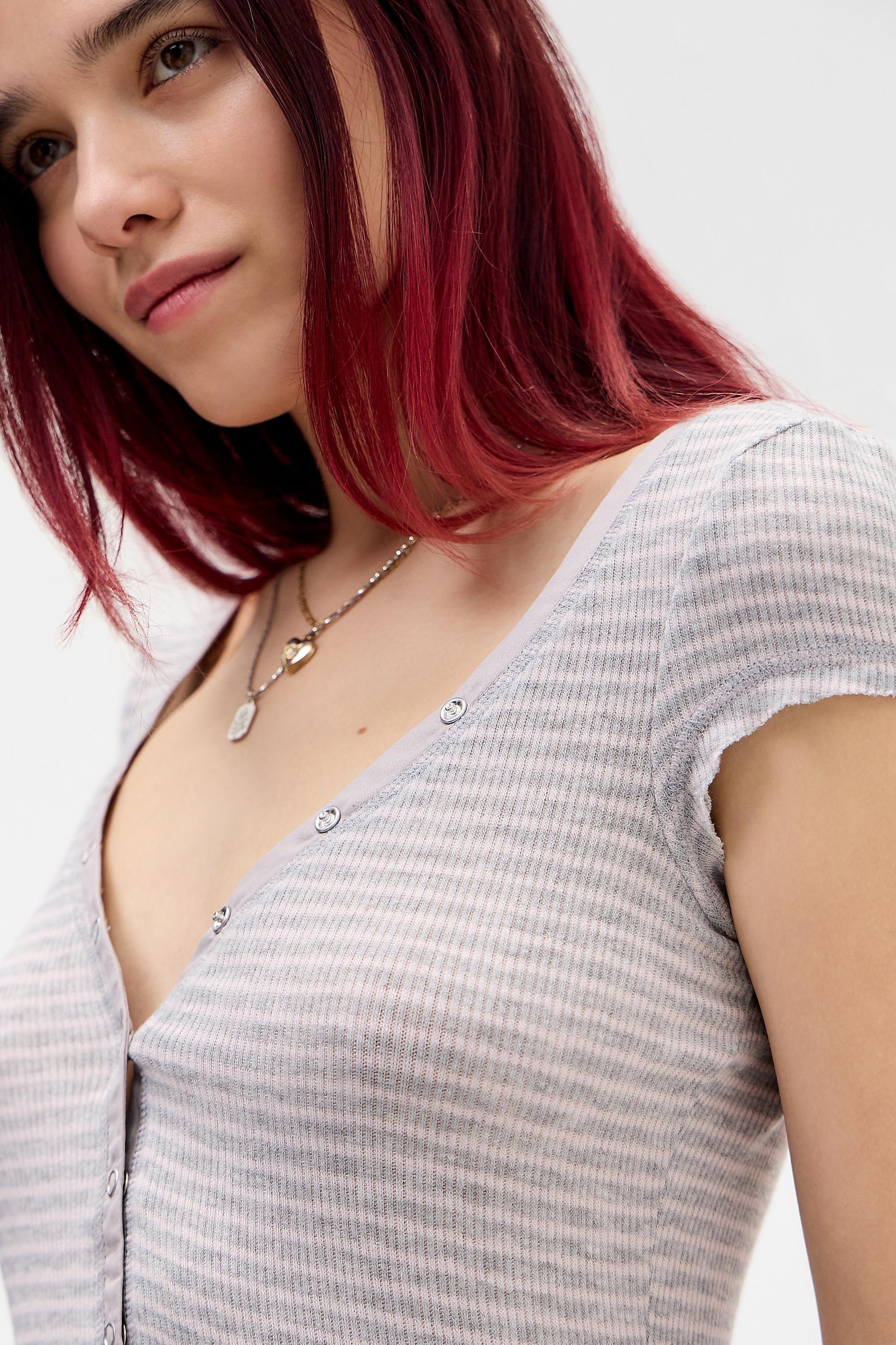 Grey Out From Under Stripe Short Sleeve Henley Top, GREY, large image number 2