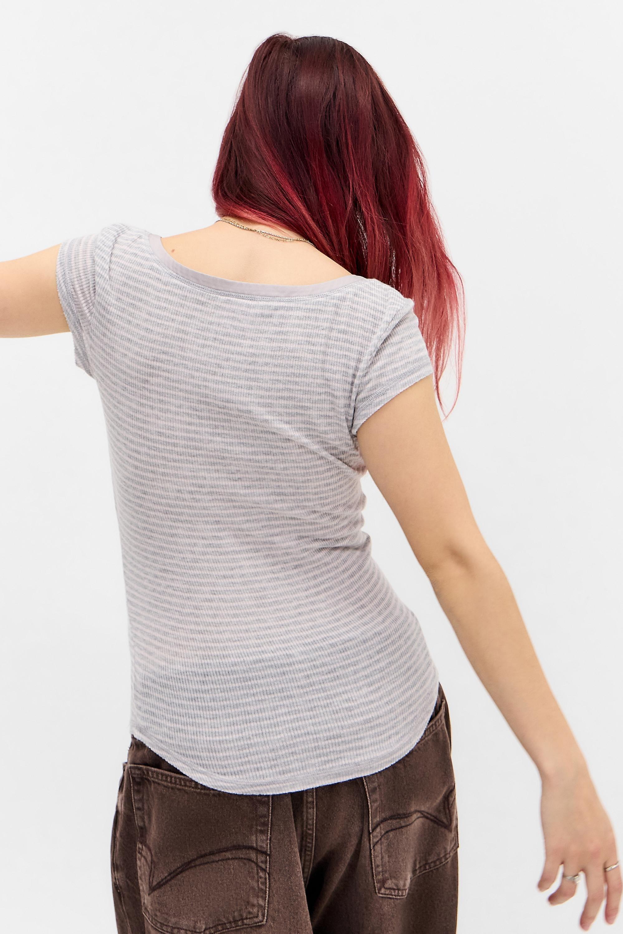 Grey Out From Under Stripe Short Sleeve Henley Top, GREY, large image number 3
