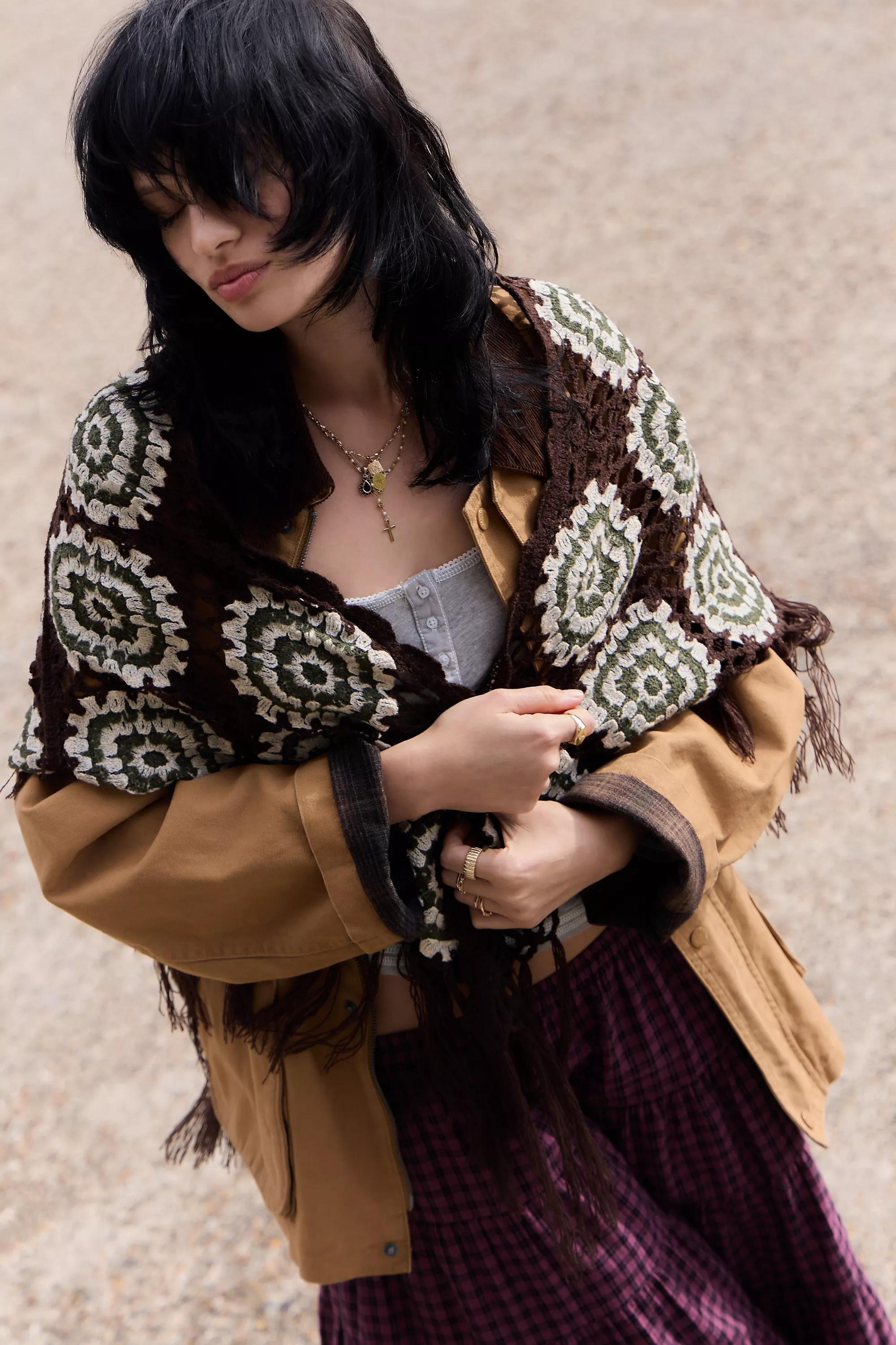 Brown Knitted Fringed Shawl, BRN, large image number 2