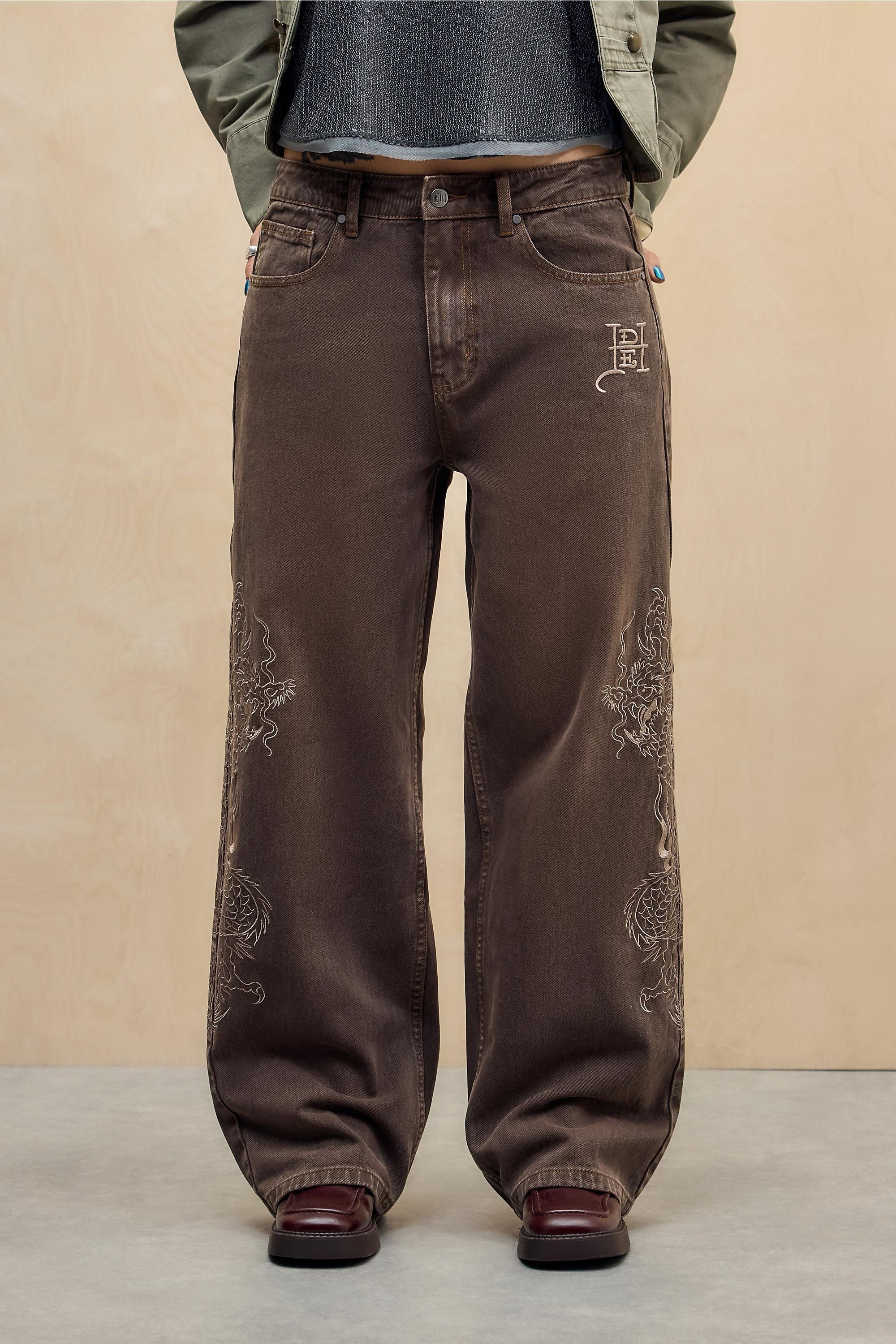 Brown Ed Hardy Uo Exclusive Embroidered Dragon Jeans, BRN, large image number 0