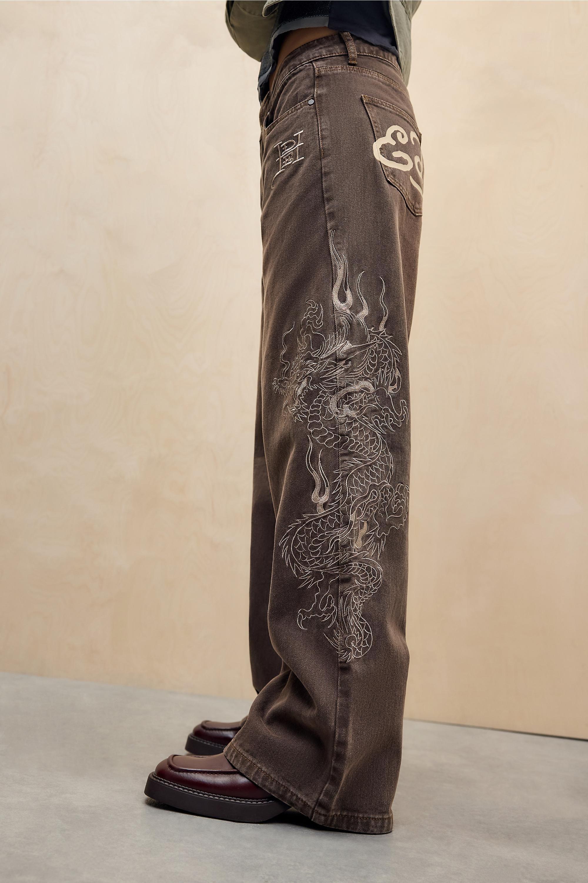 Brown Ed Hardy Uo Exclusive Embroidered Dragon Jeans, BRN, large image number 3