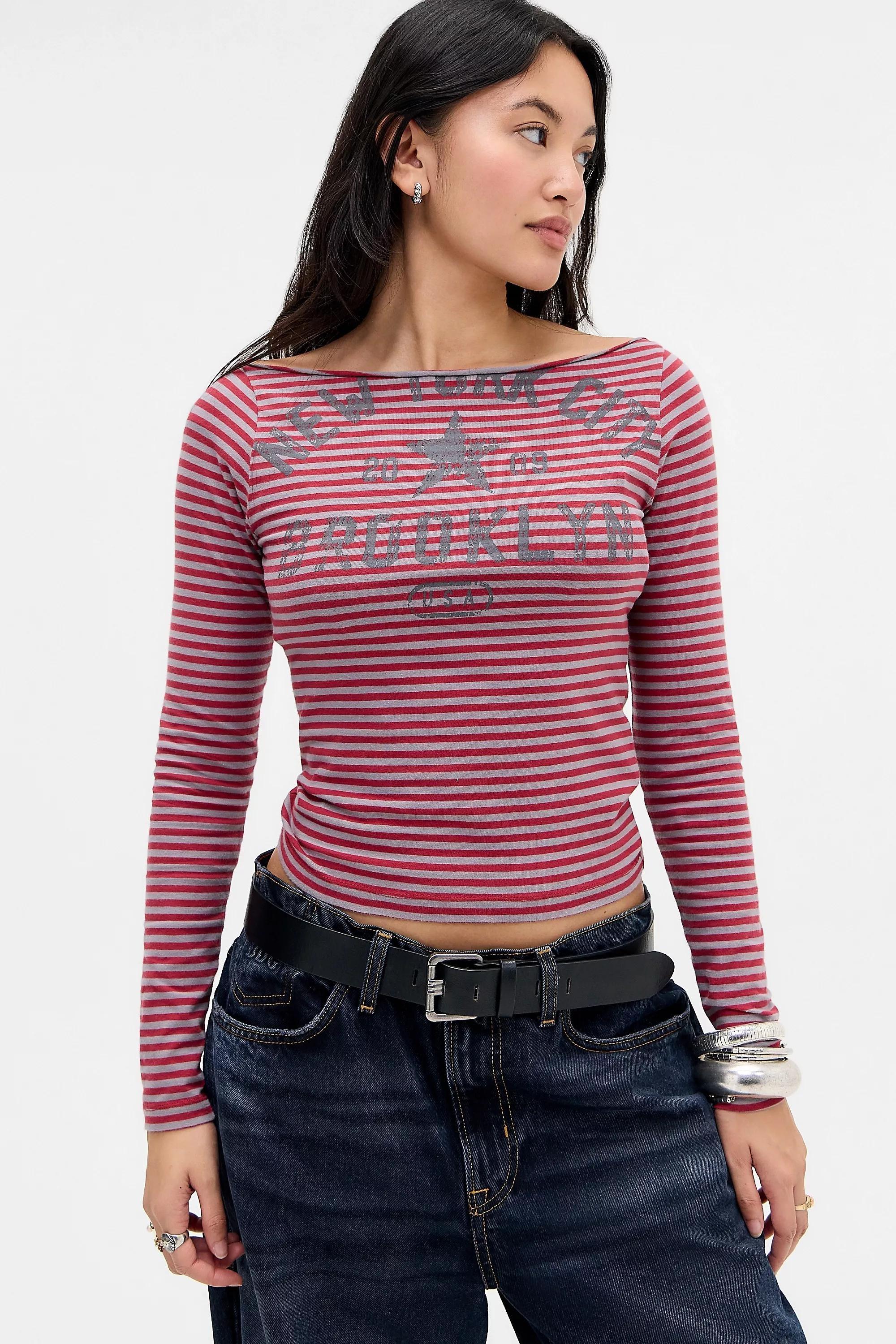 Red Uo Striped Slash Neck Long Sleeve T-Shirt, DK RED, large image number 0