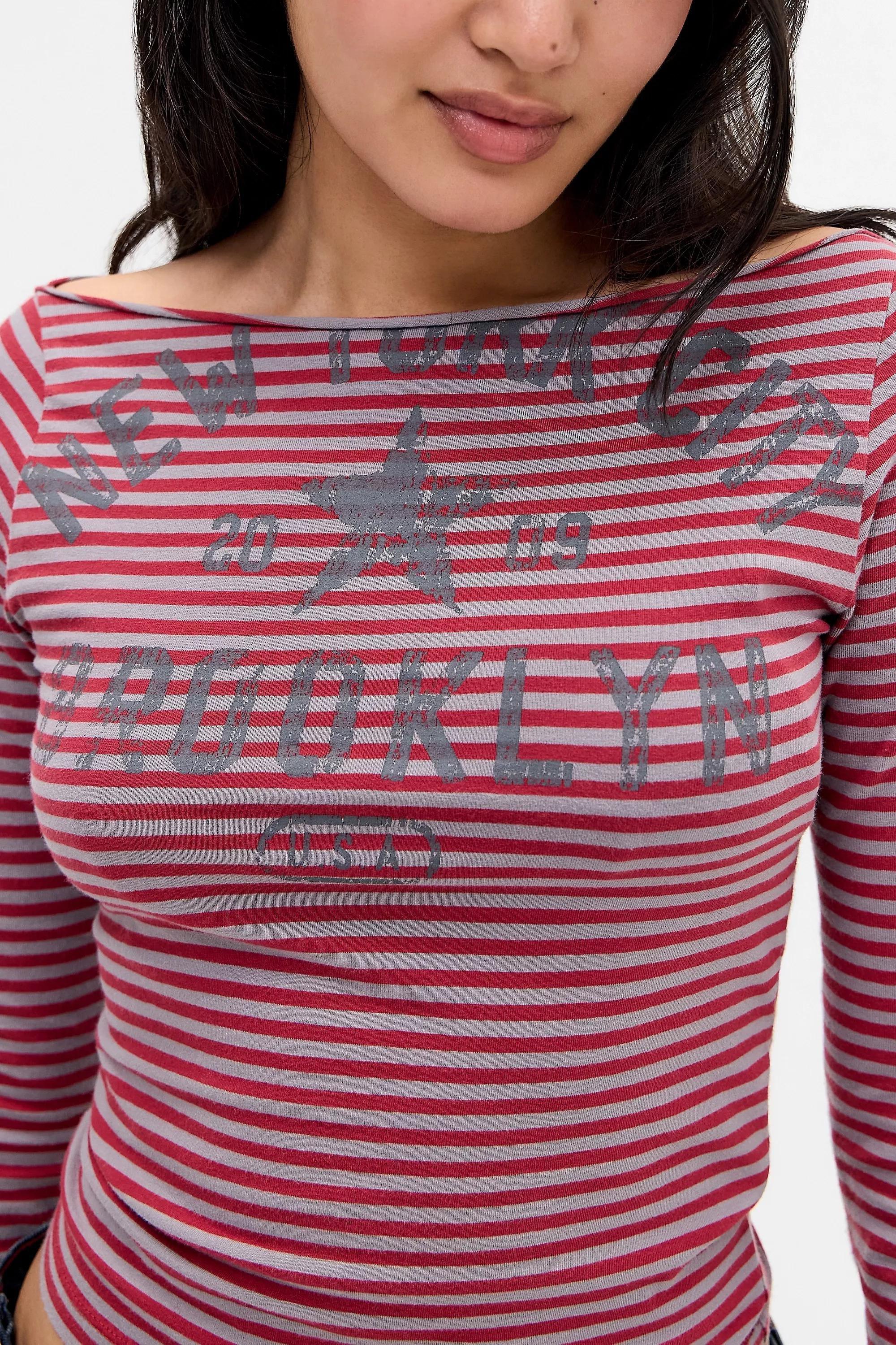 Red Uo Striped Slash Neck Long Sleeve T-Shirt, DK RED, large image number 1