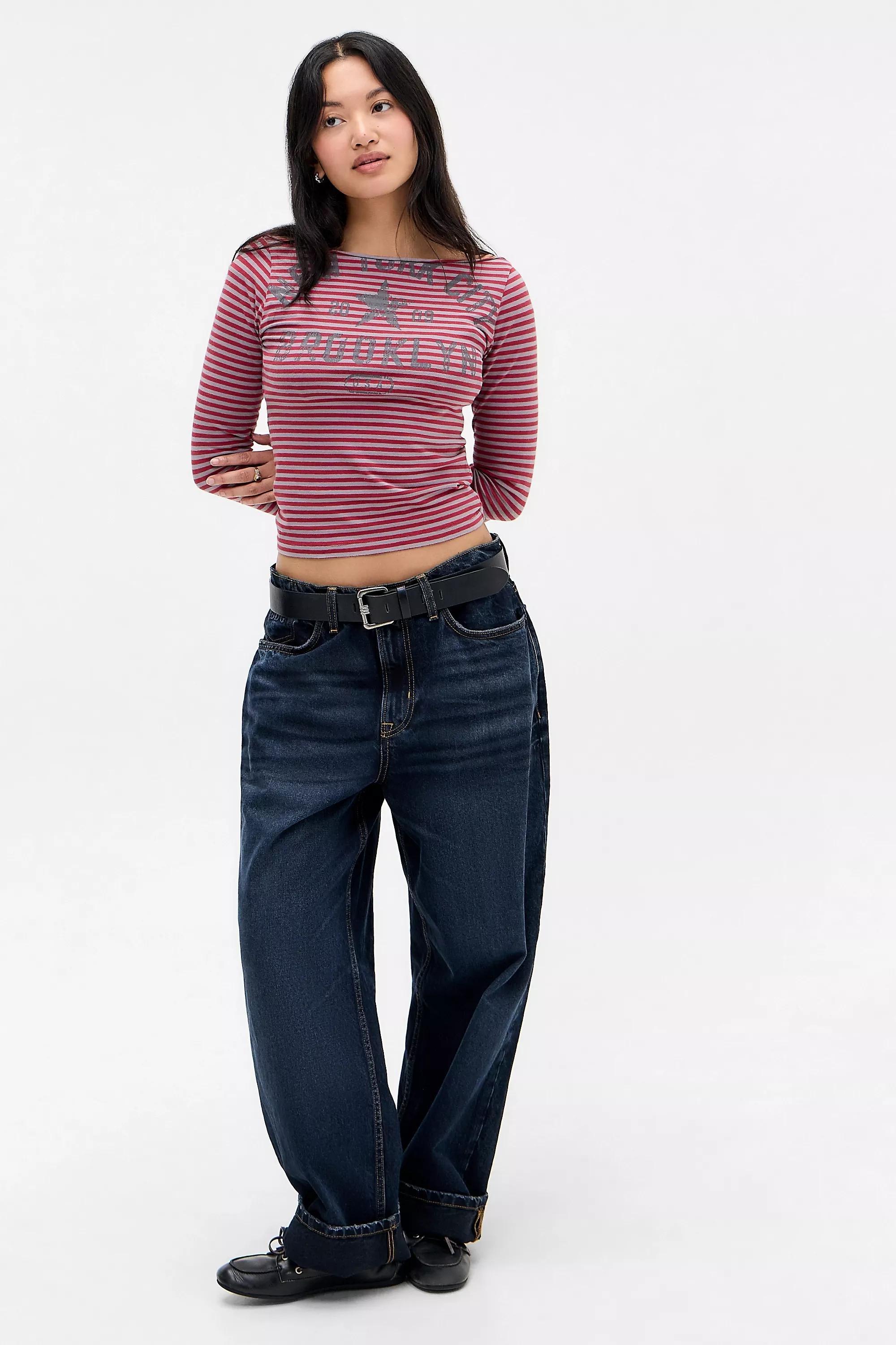 Red Uo Striped Slash Neck Long Sleeve T-Shirt, DK RED, large image number 2