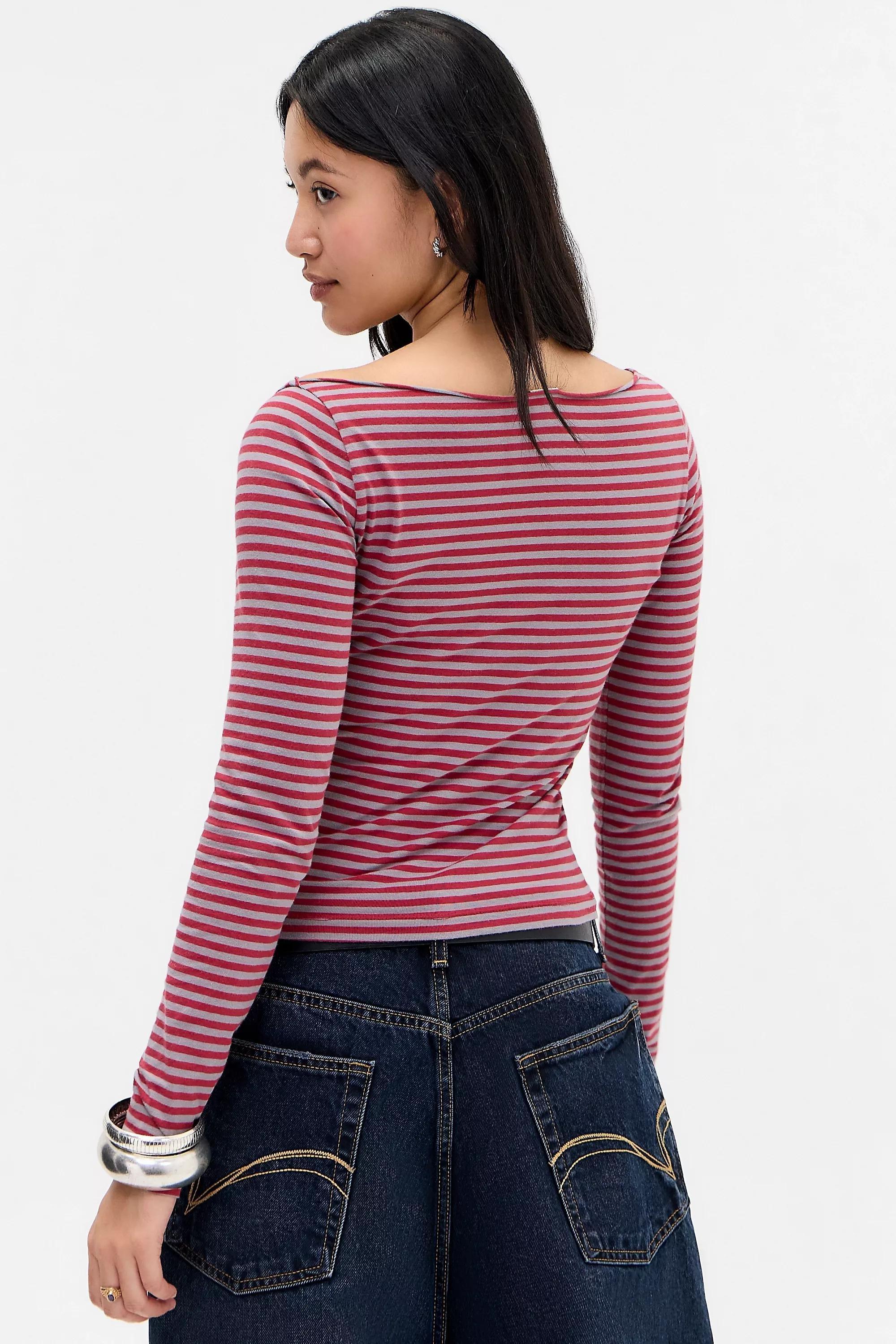 Red Uo Striped Slash Neck Long Sleeve T-Shirt, DK RED, large image number 3