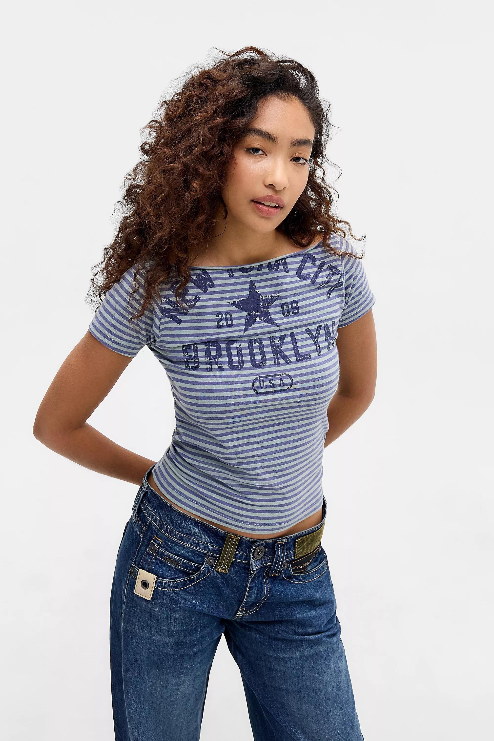 Blue Uo New York Slash Neck T-Shirt, BLUE, medium