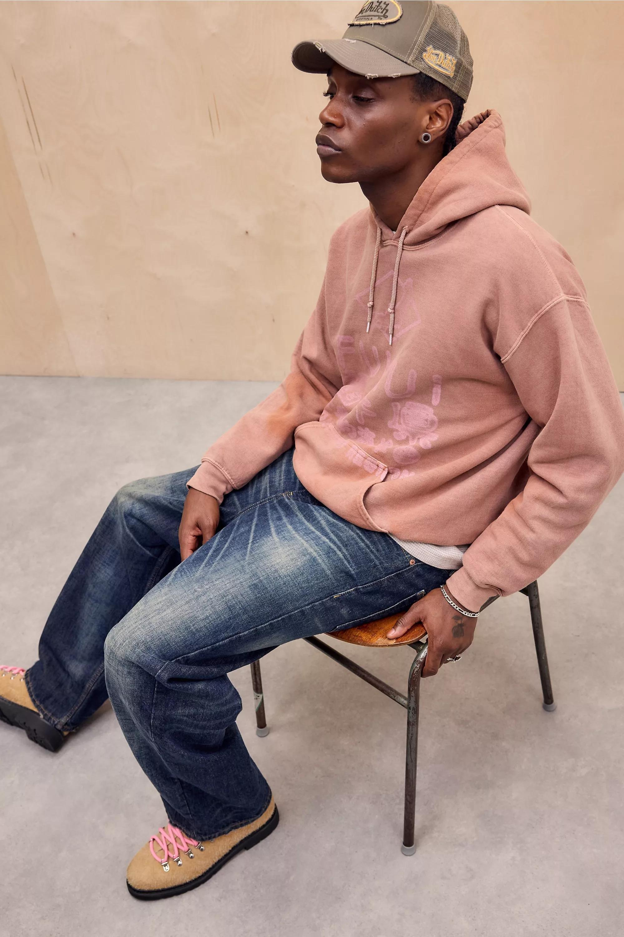 RED UO Red Fukui Sun-Bleached Hoodie, RED, medium