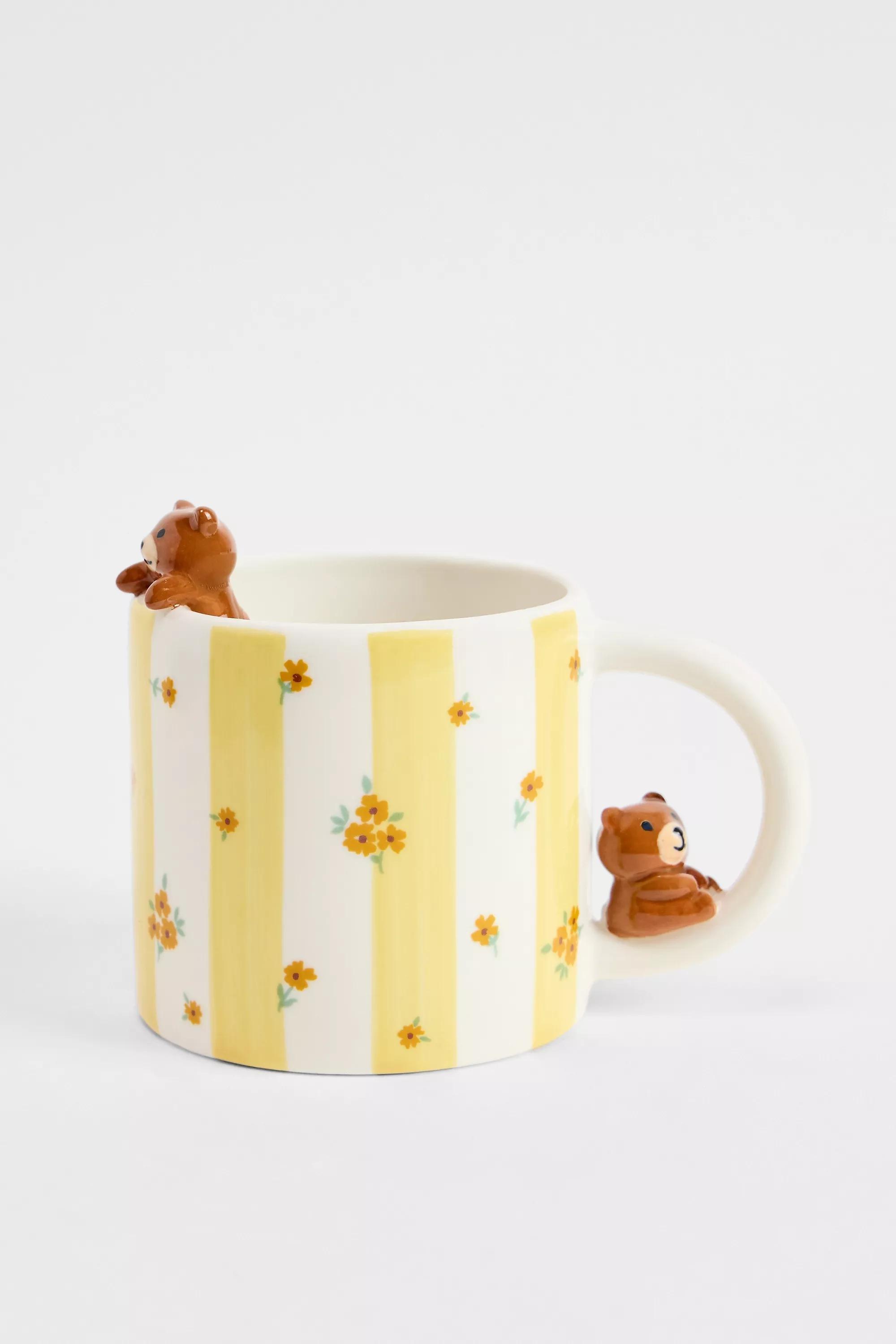 Yellow Floral Stripe Bear Mug, YEL, large image number 0
