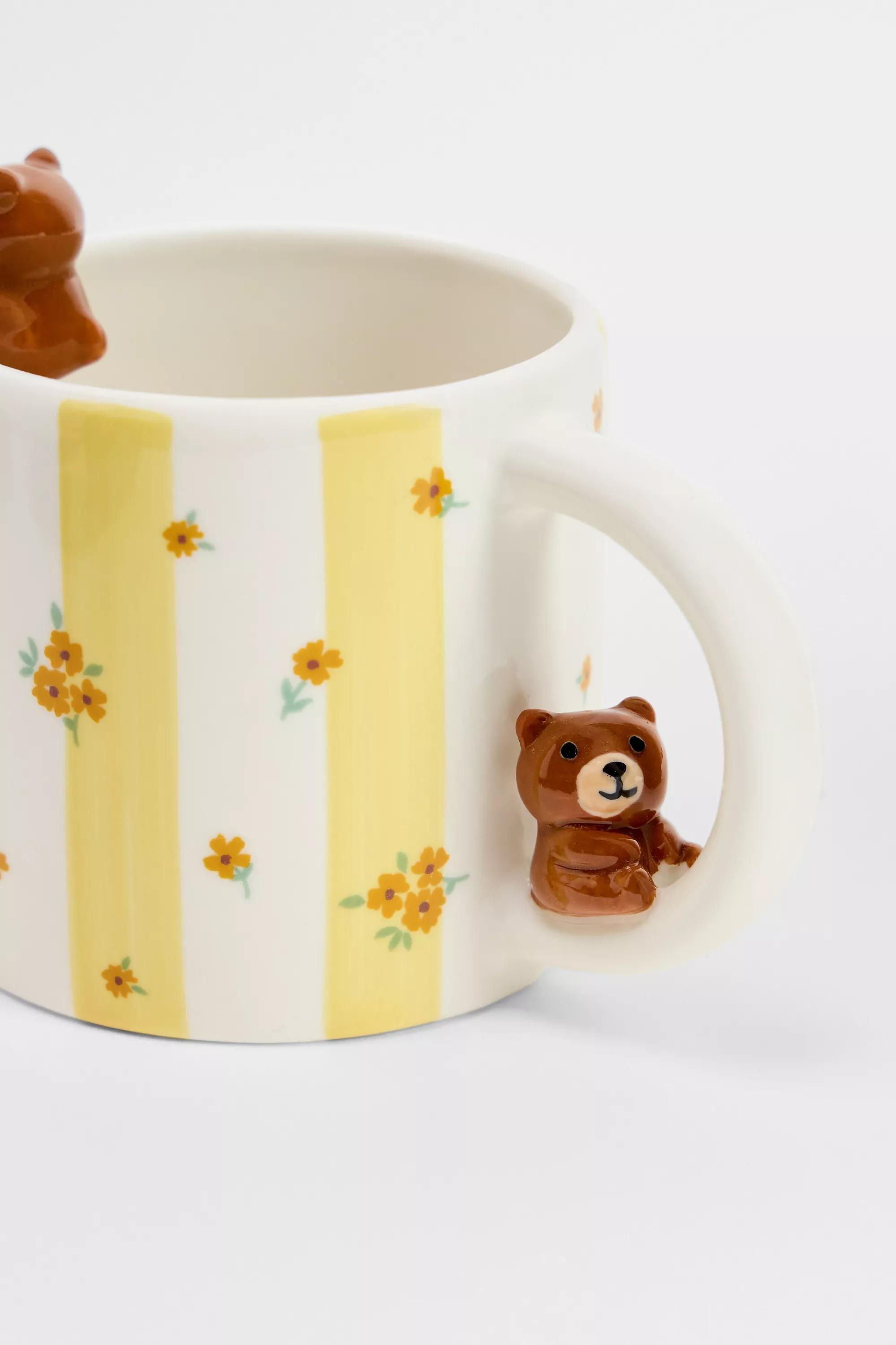 Yellow Floral Stripe Bear Mug, YEL, large image number 1