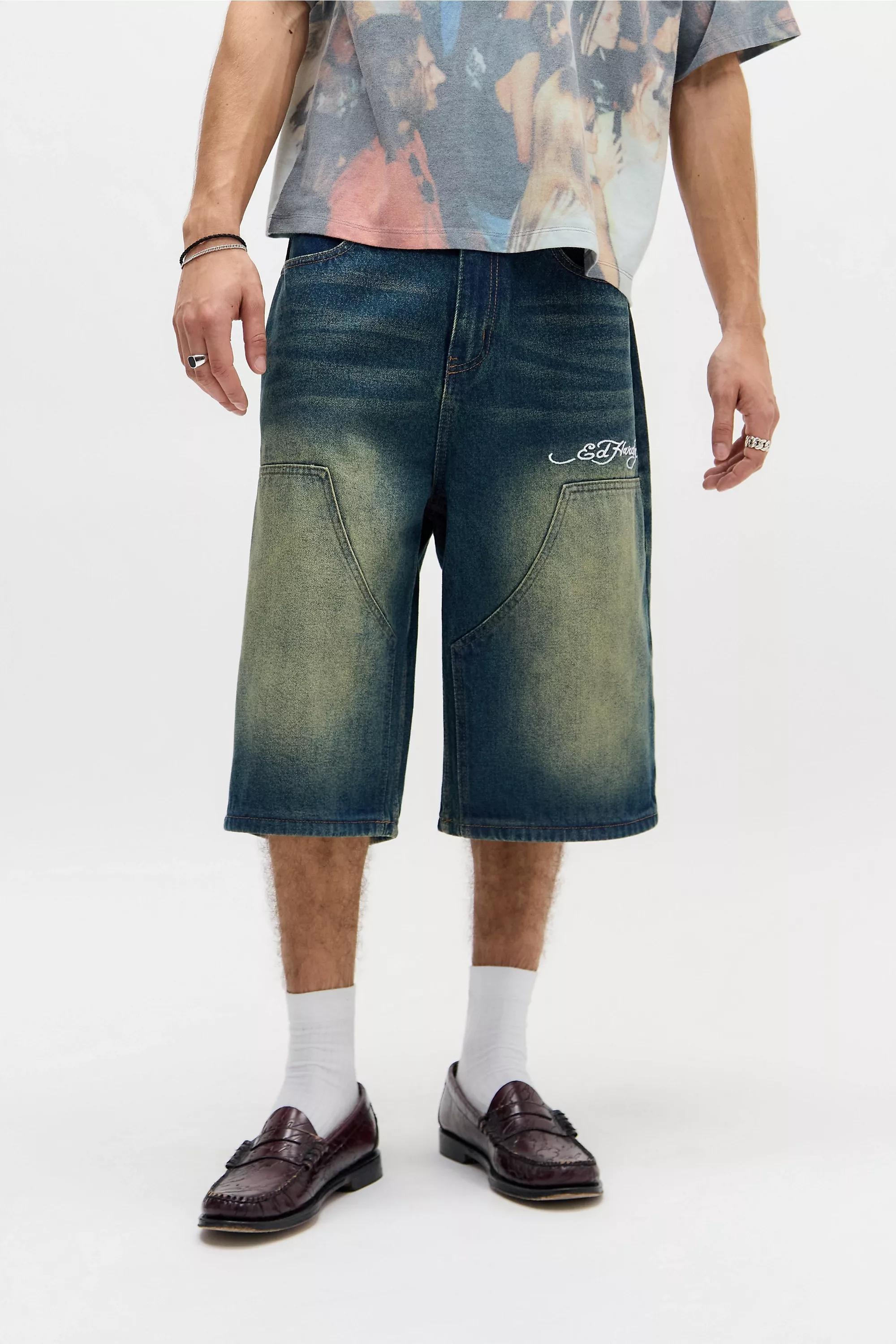 DENIM LIGHT Ed Hardy UO Exclusive Blue Dragon Double Knee Jorts, DENIM L, medium