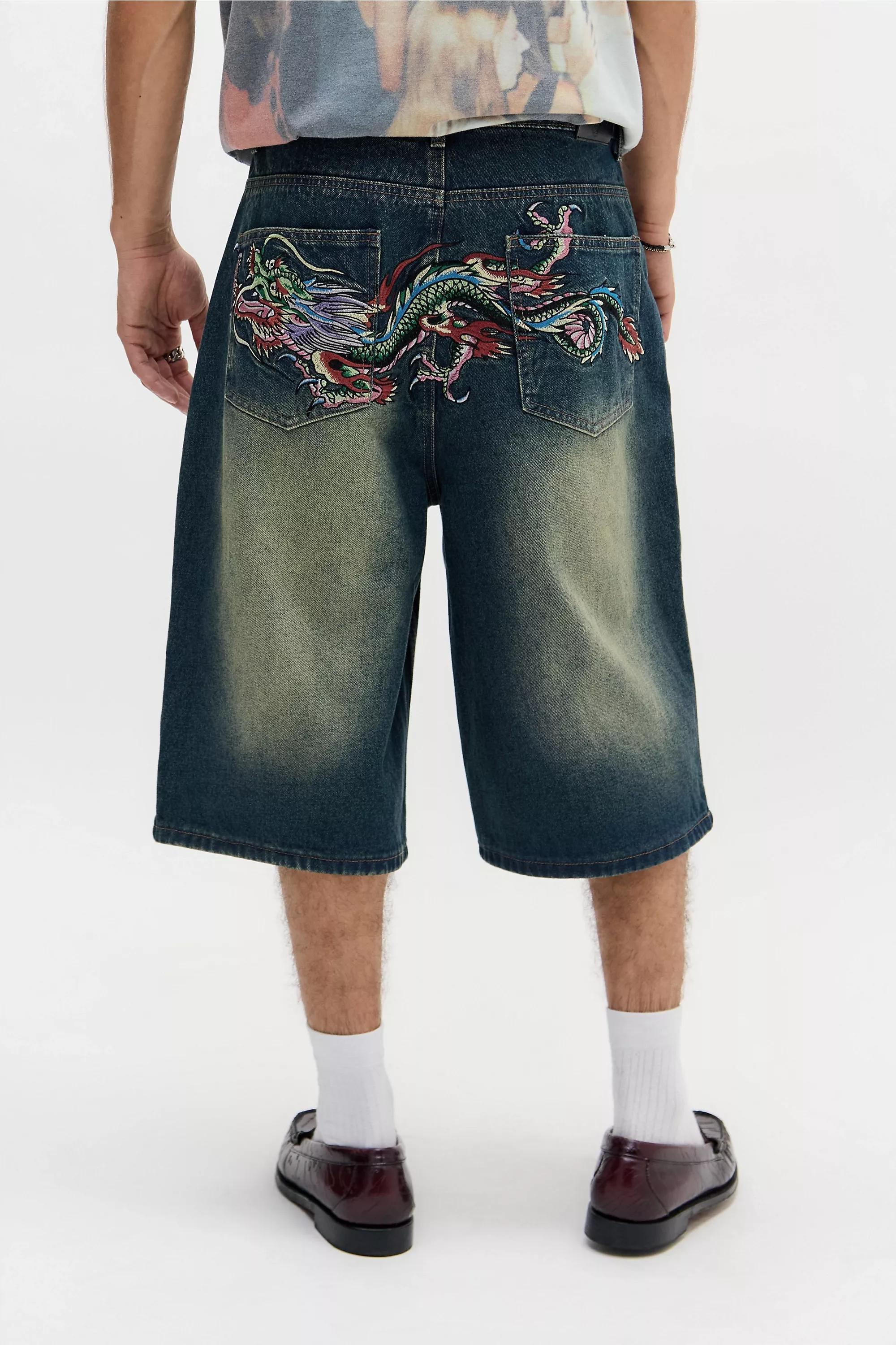 DENIM LIGHT Ed Hardy UO Exclusive Blue Dragon Double Knee Jorts, DENIM L, medium