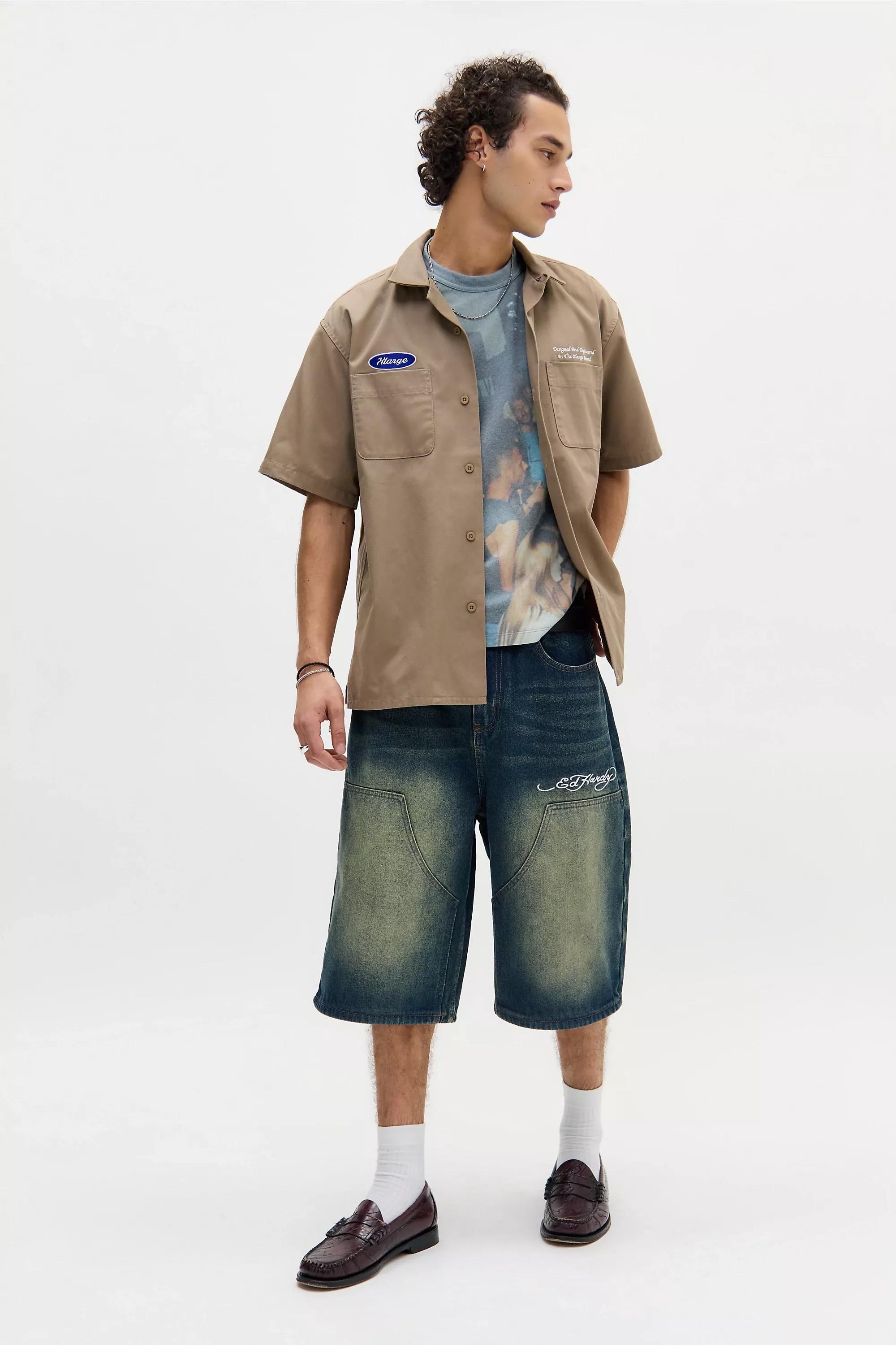 DENIM LIGHT Ed Hardy UO Exclusive Blue Dragon Double Knee Jorts, DENIM L, large image number 2