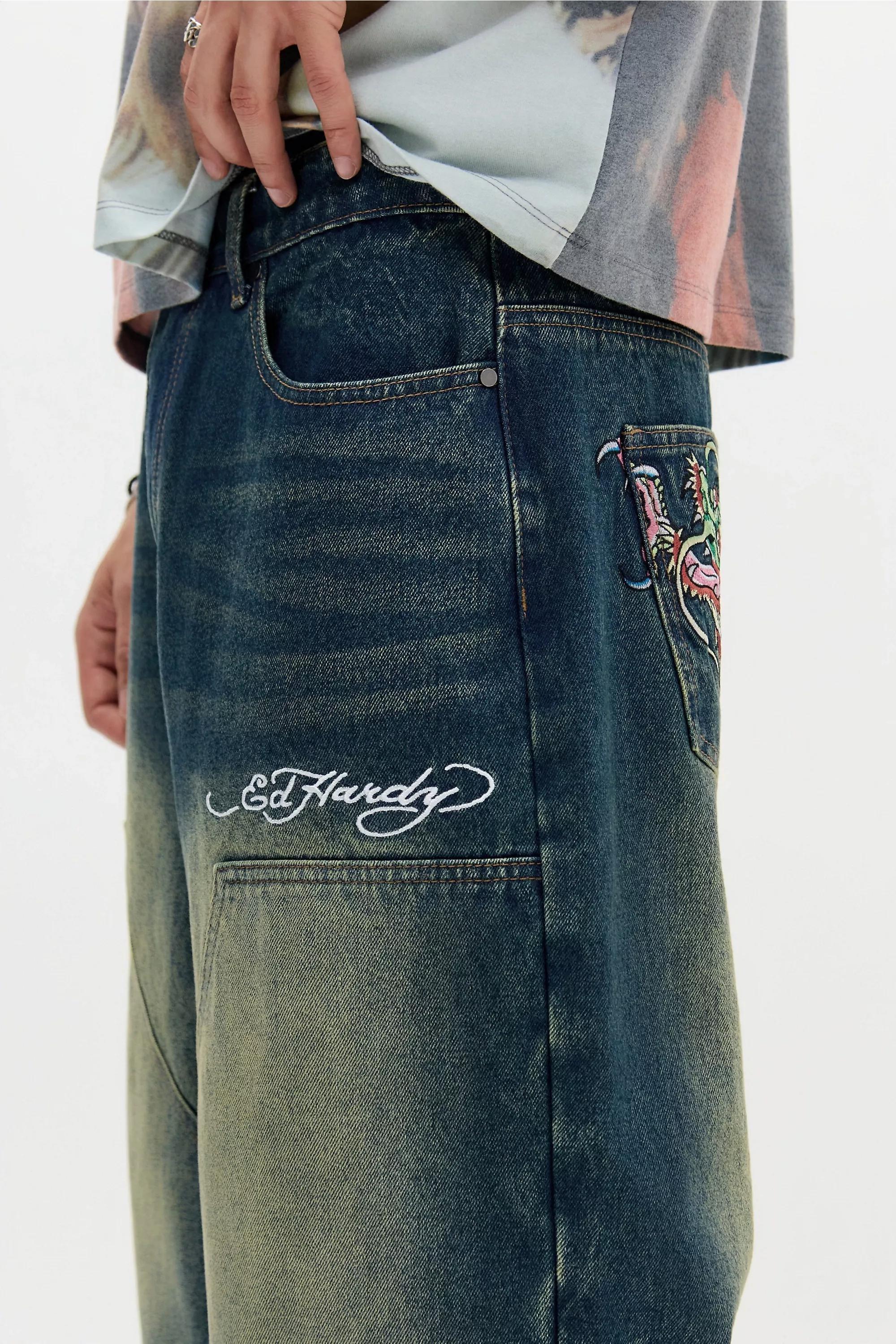 DENIM LIGHT Ed Hardy UO Exclusive Blue Dragon Double Knee Jorts, DENIM L, large image number 3