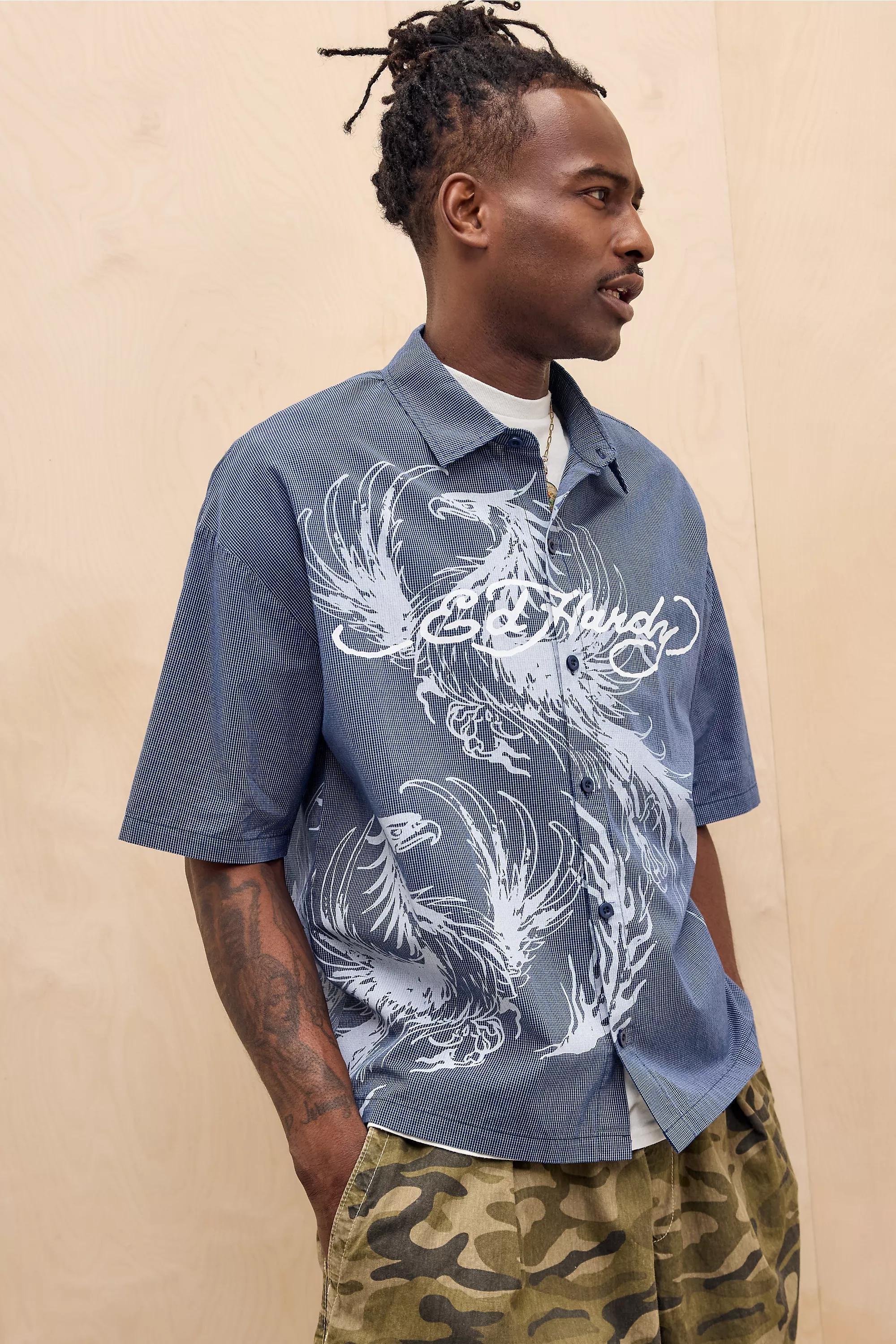Navy Ed Hardy Uo Check Phoenix Shirt, NAVY, large image number 0