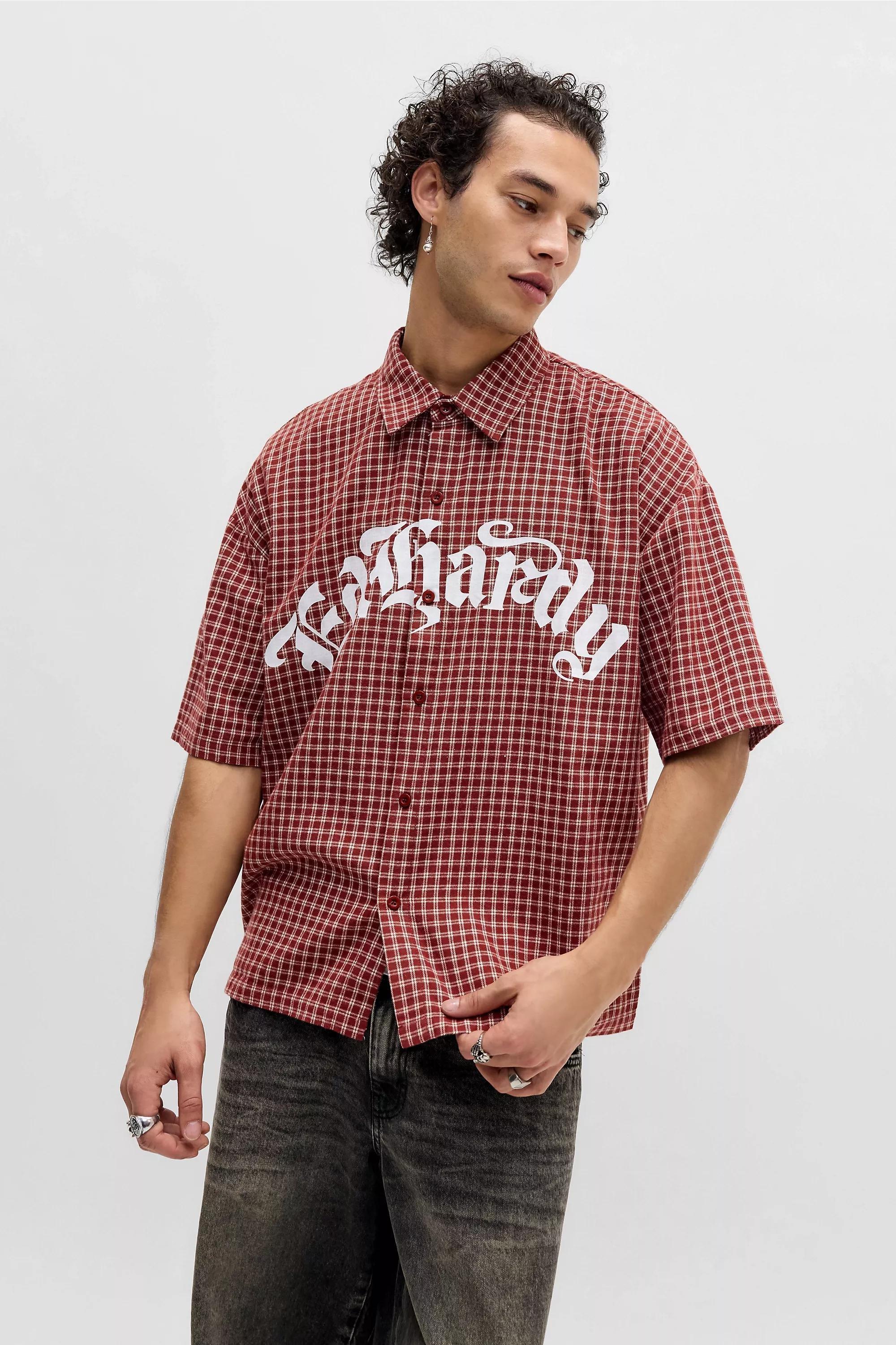 RED Ed Hardy UO Exclusive Red Check Relaxed Shirt, RED, large image number 0