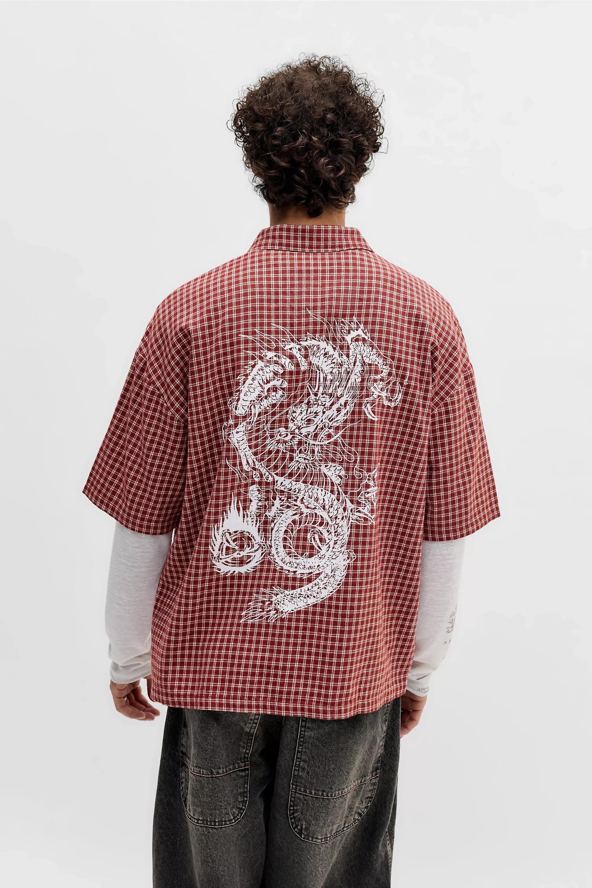 RED Ed Hardy UO Exclusive Red Check Relaxed Shirt, RED, large image number 1