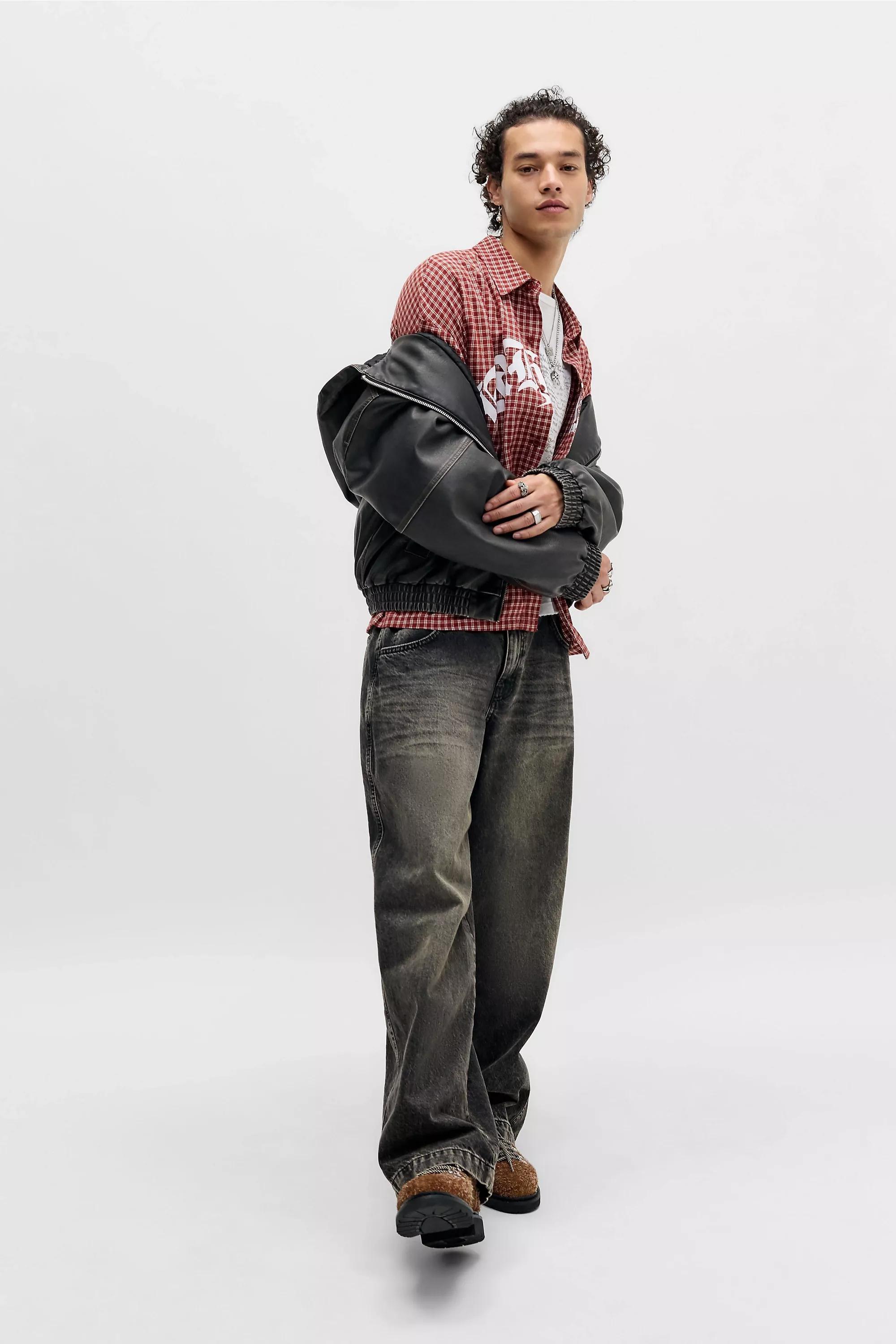 RED Ed Hardy UO Exclusive Red Check Relaxed Shirt, RED, large image number 3