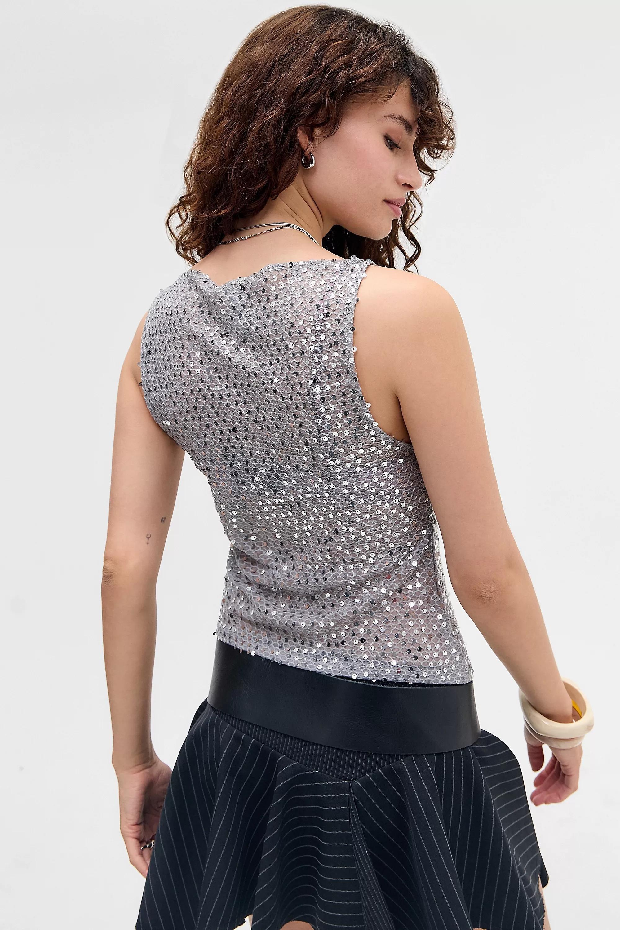 SILVER Motel UO Exclusive Silver Dudley Sequin Top, SLVR, large image number 3