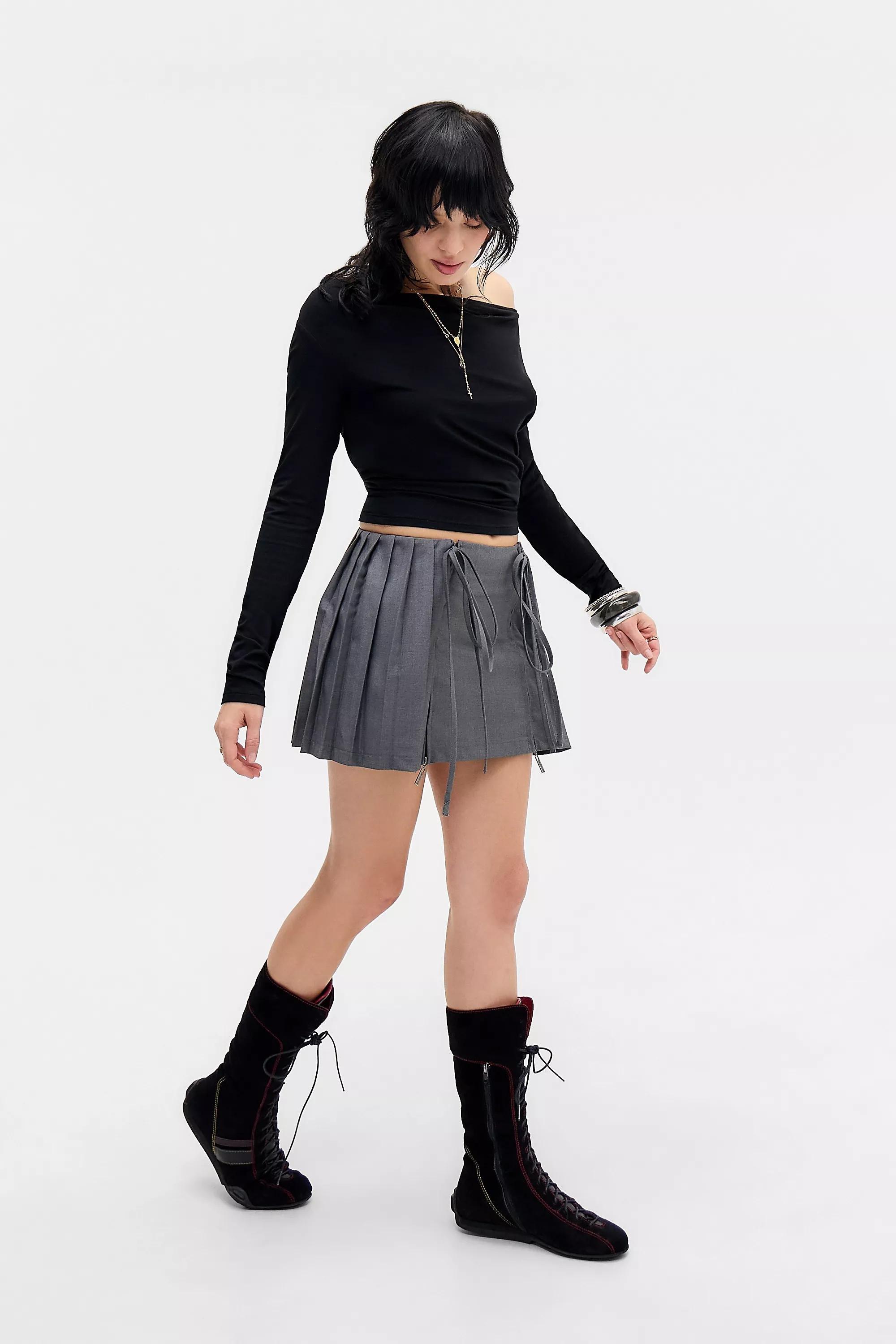 Grey Daisy Street Tie Zip Pleated Mini Skirt, GREY, large image number 0