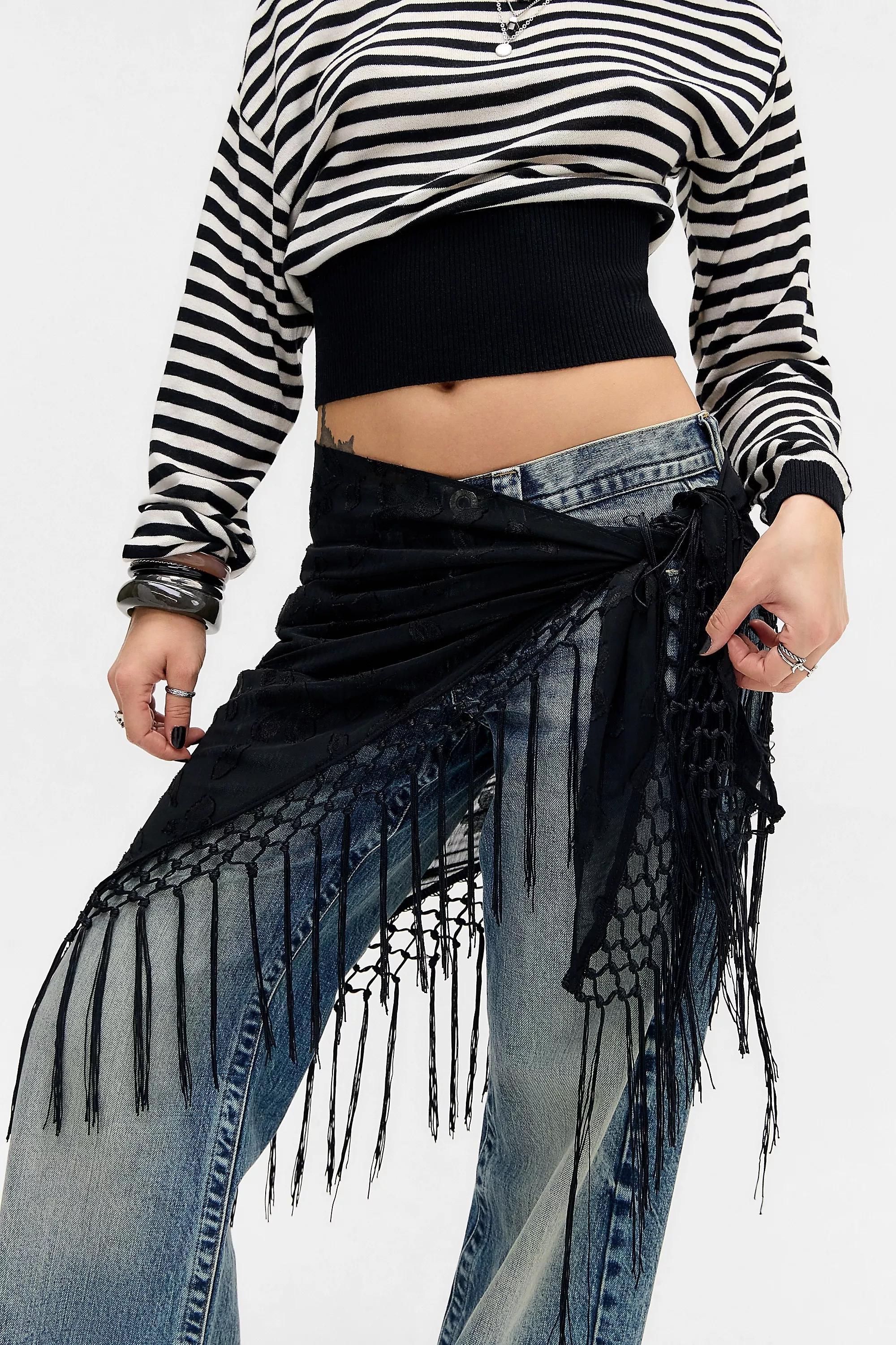 Black Uo Fringed Shawl, BLK, large image number 0