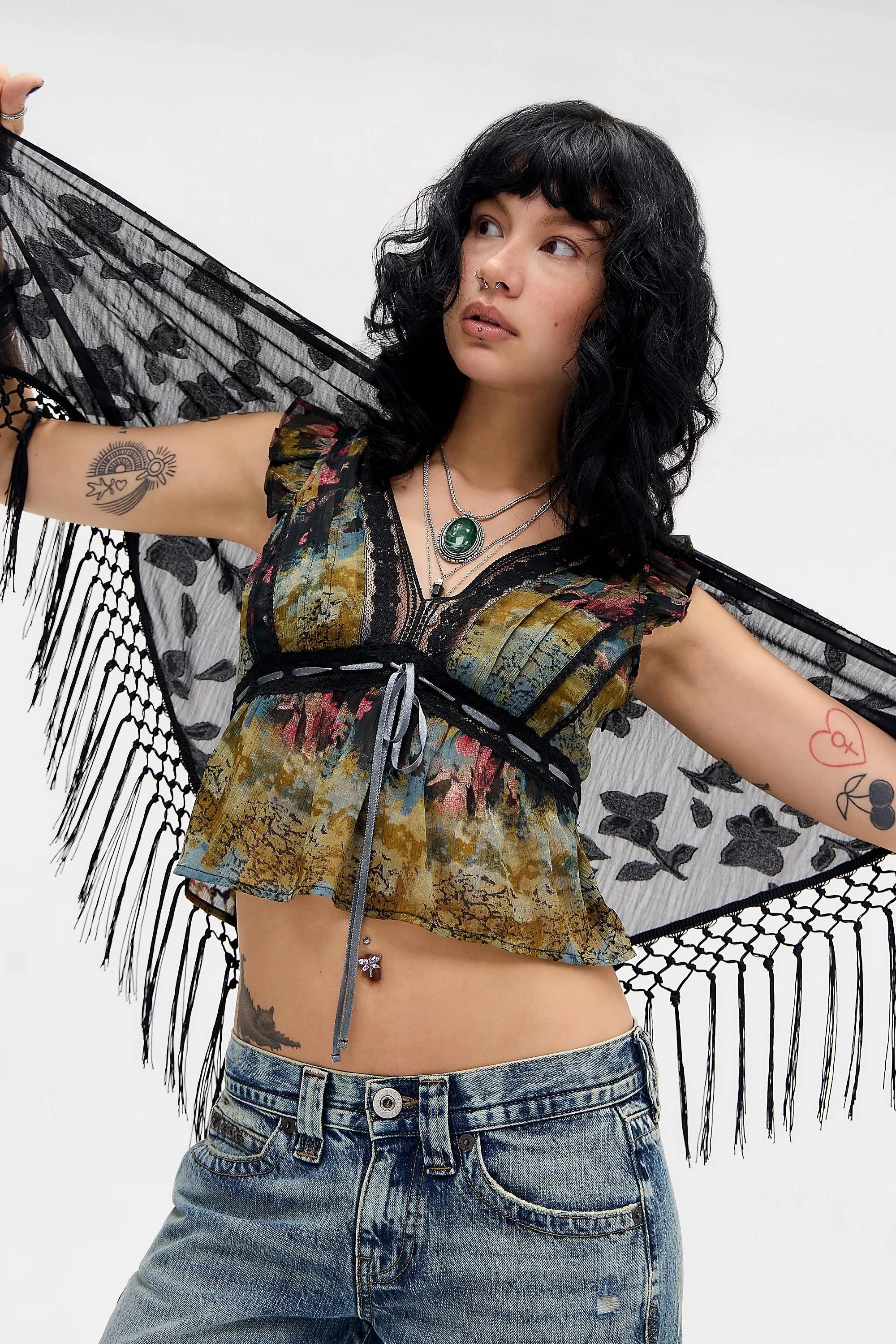 Black Uo Fringed Shawl, BLK, large image number 1