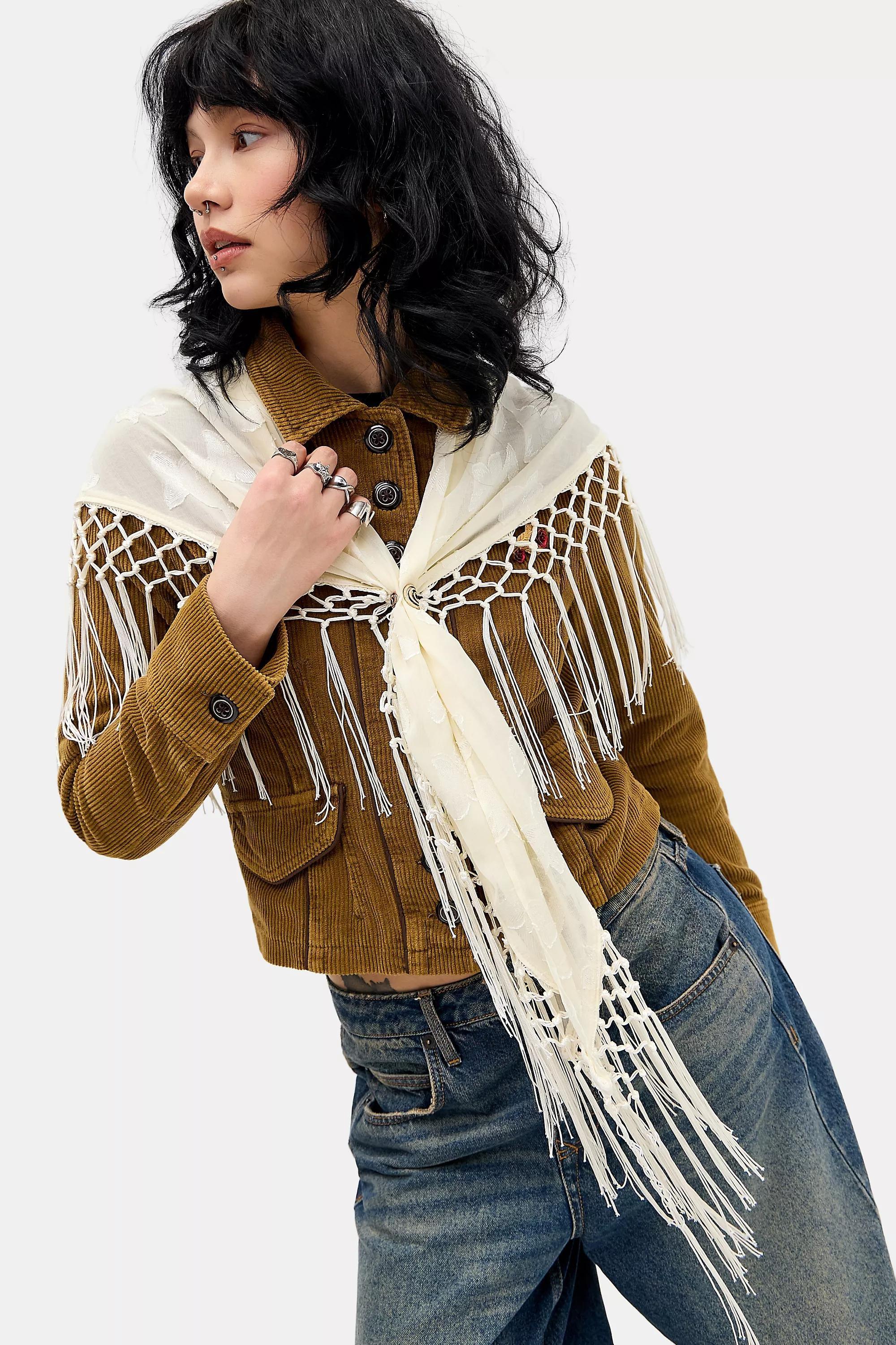 WHITE UO Fringed Shawl, WHT, medium