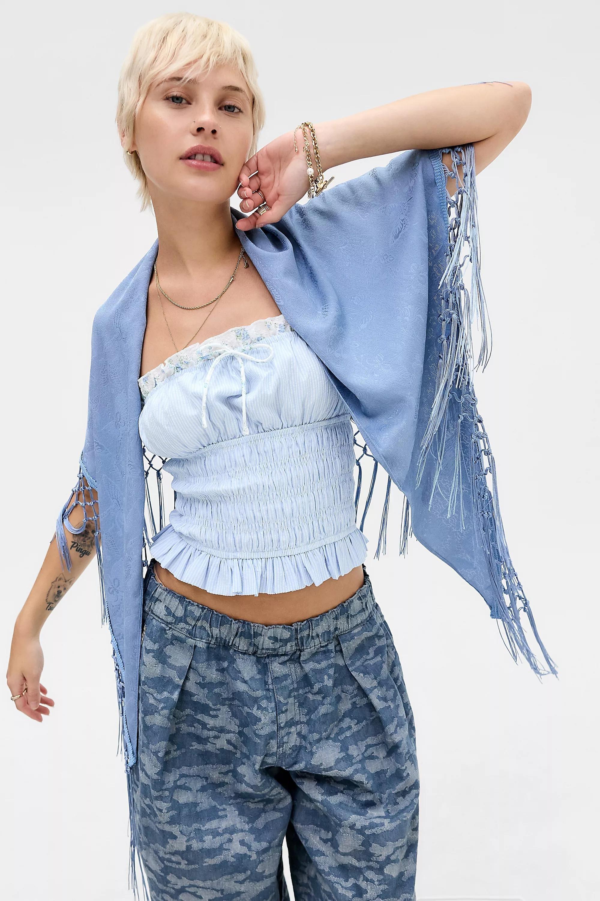 UO Fringed Shawl, BLUE, large image number 4