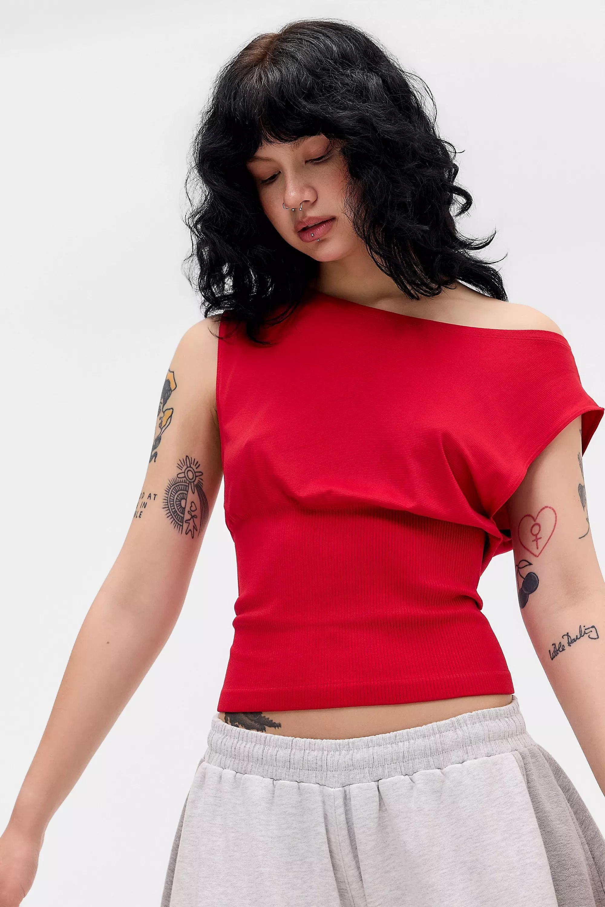Red iets frans... Off-Shoulder Seamless Top, RED, large image number 0