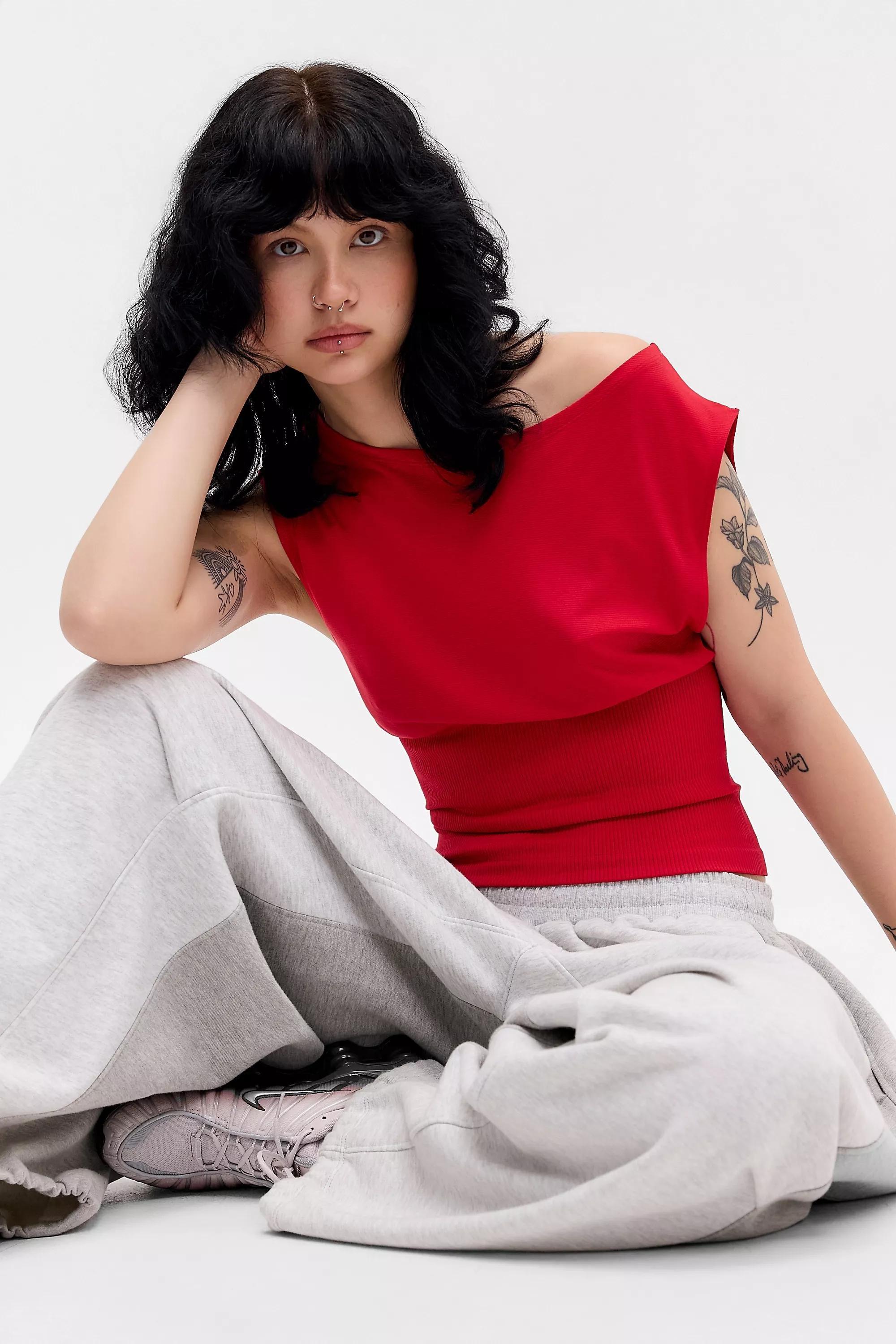 Red iets frans... Off-Shoulder Seamless Top, RED, large image number 1