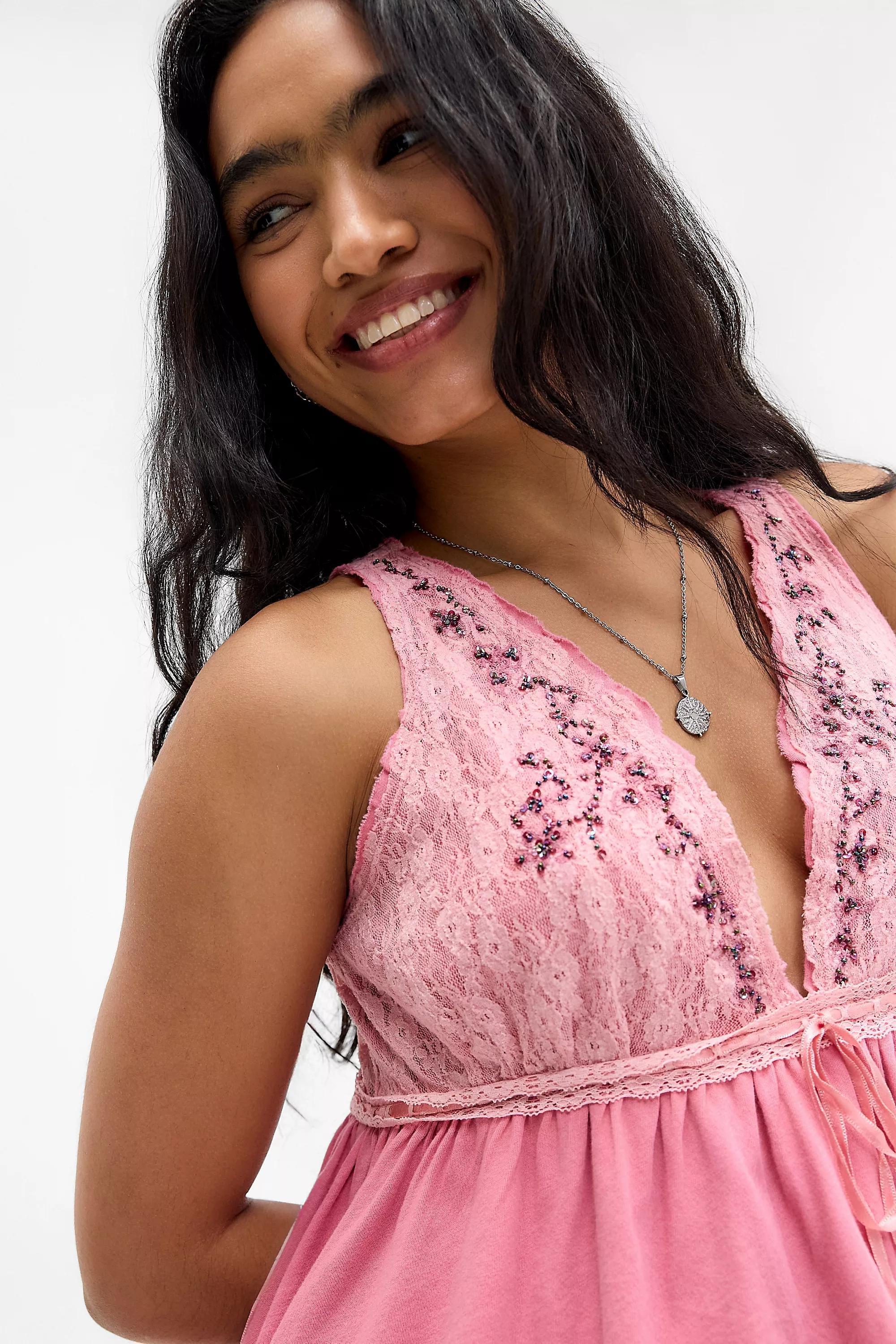 Pink Uo Lily Babydoll Embellished Top, PINK, medium