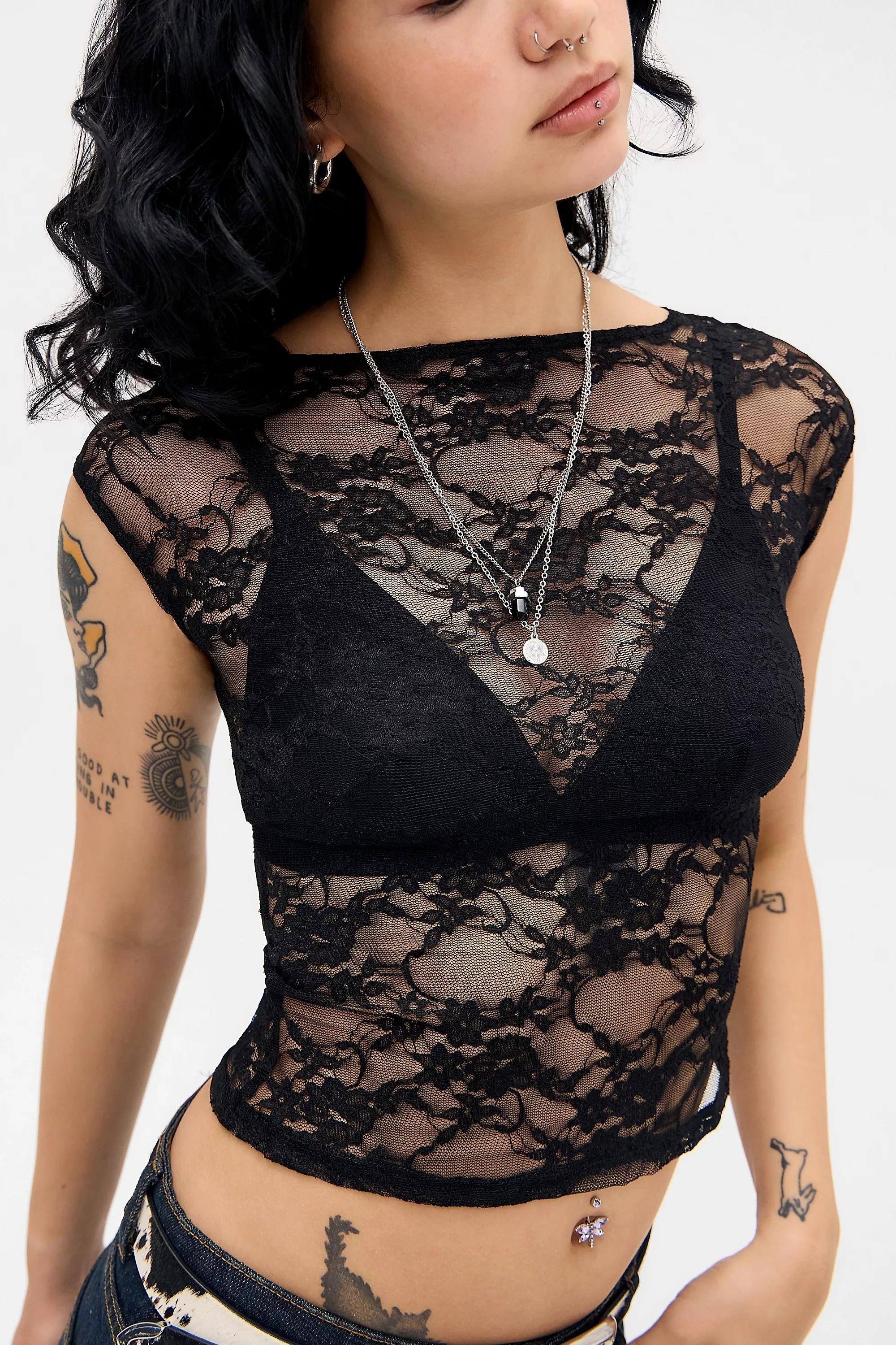 Black Motel Abstract Laced Top, BLK, large image number 1
