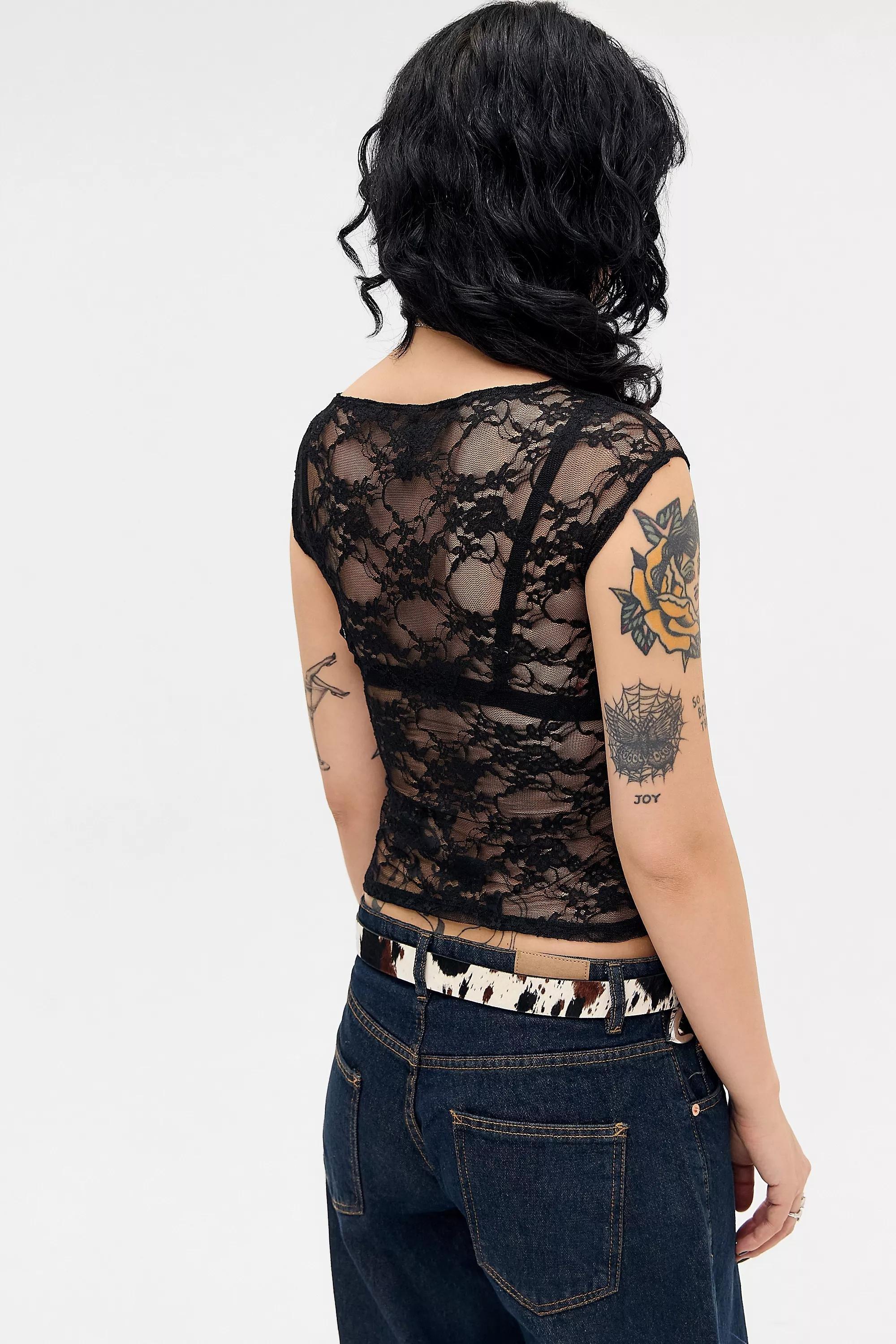 Black Motel Abstract Laced Top, BLK, large image number 3