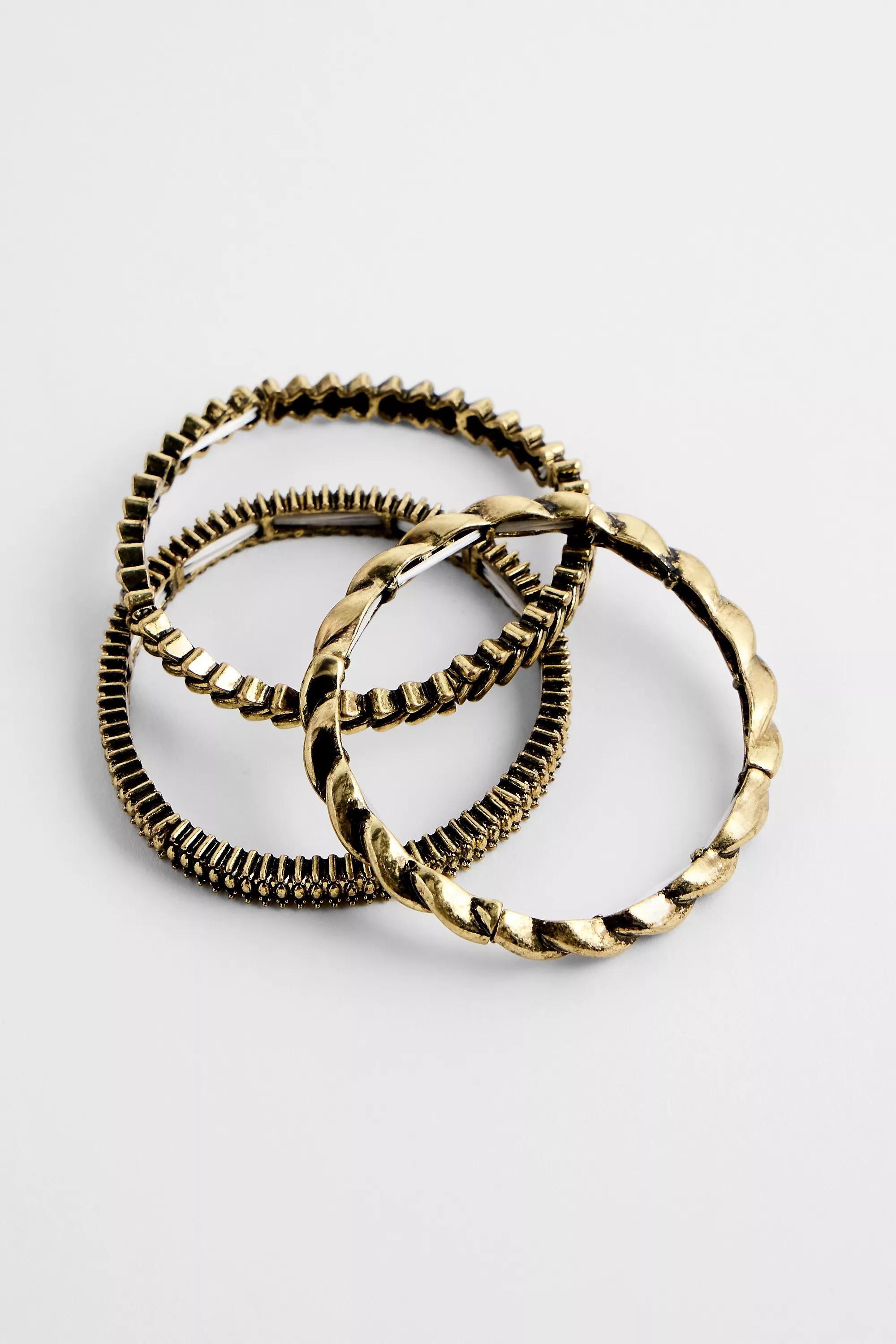 Gold Silence + Noise Stretchy Bangles, Set Of 3, GOLD, medium