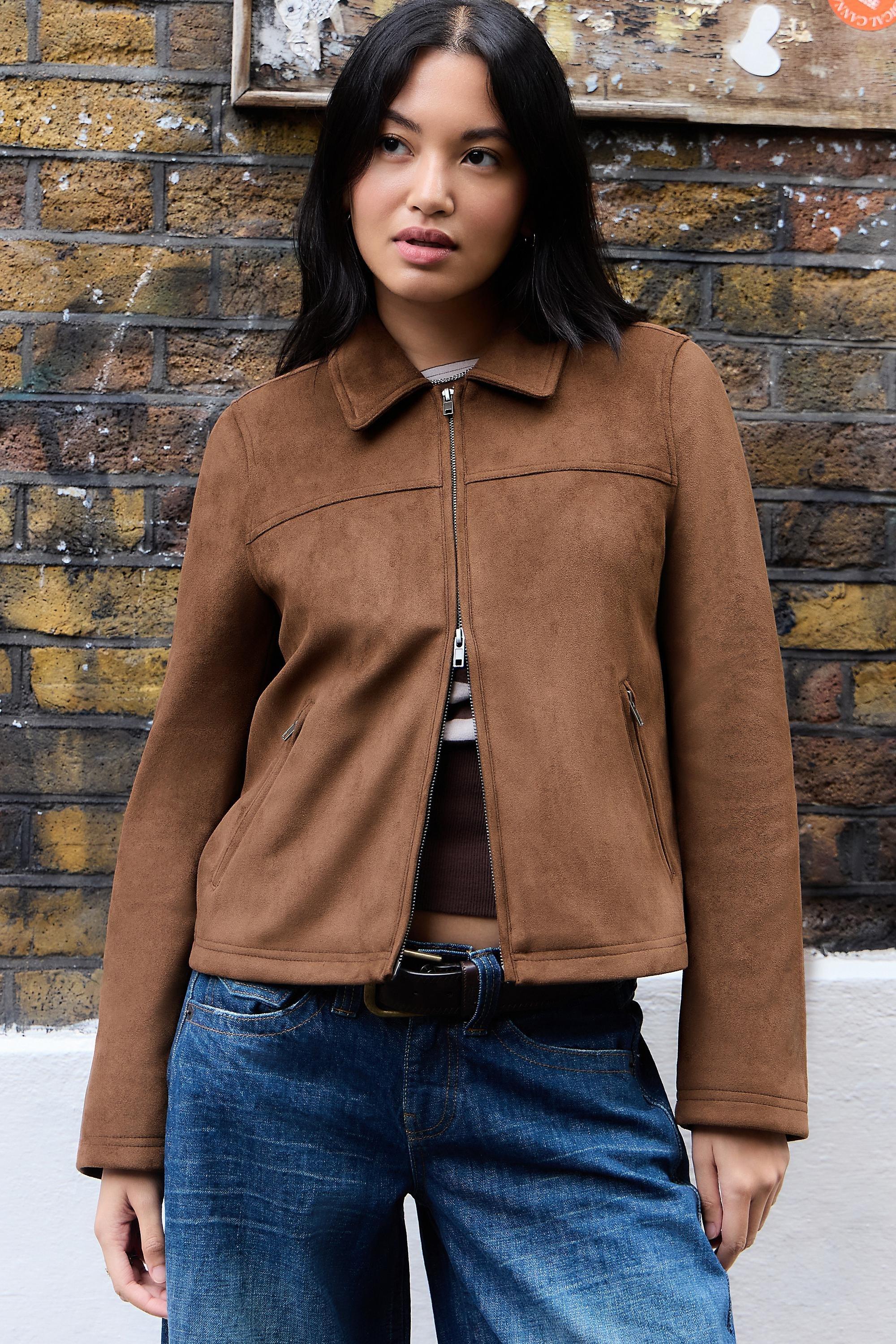Brown Bdg Zip-Through Faux Suede Jacket, BRN, large image number 0