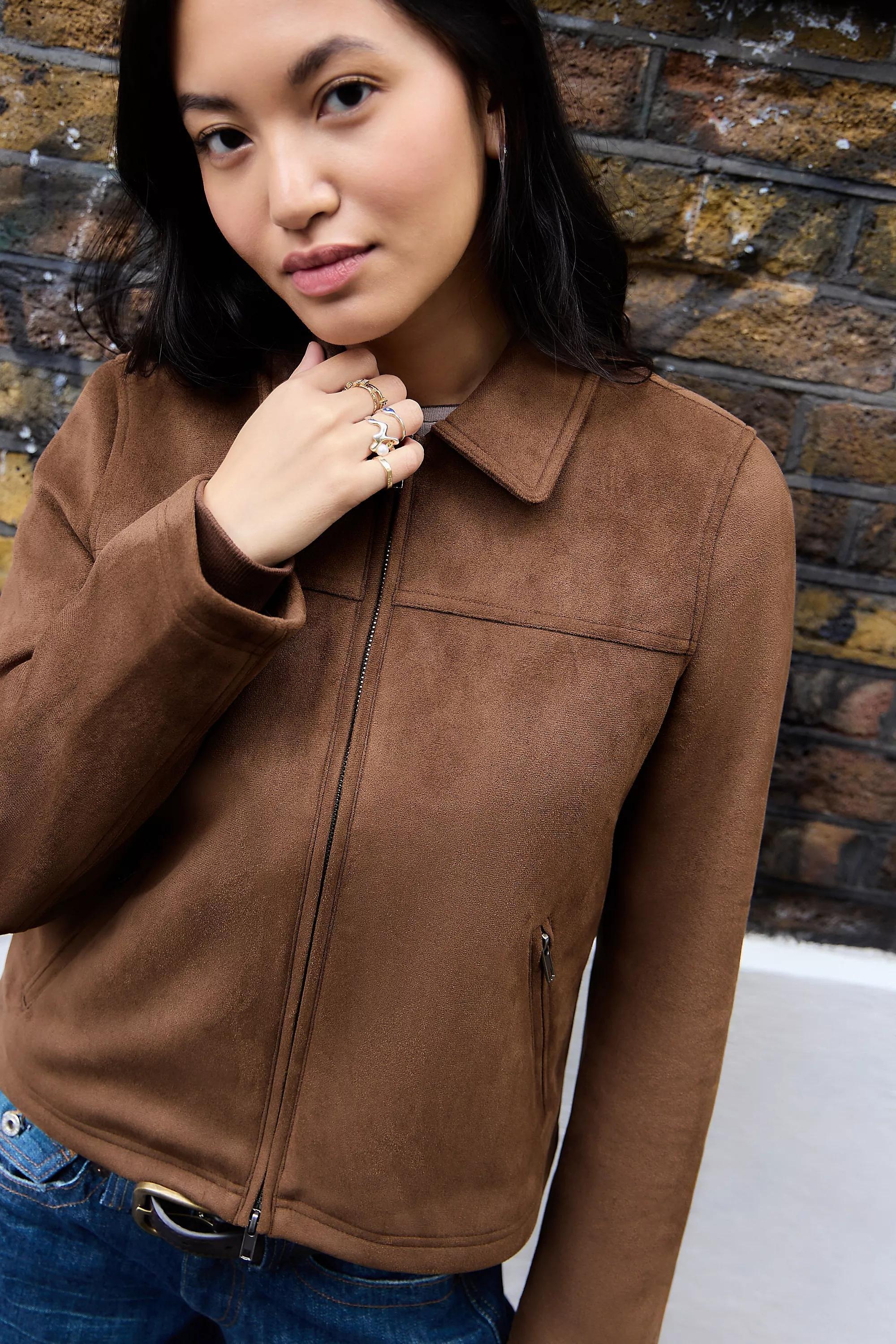 Brown Bdg Zip-Through Faux Suede Jacket, BRN, large image number 1