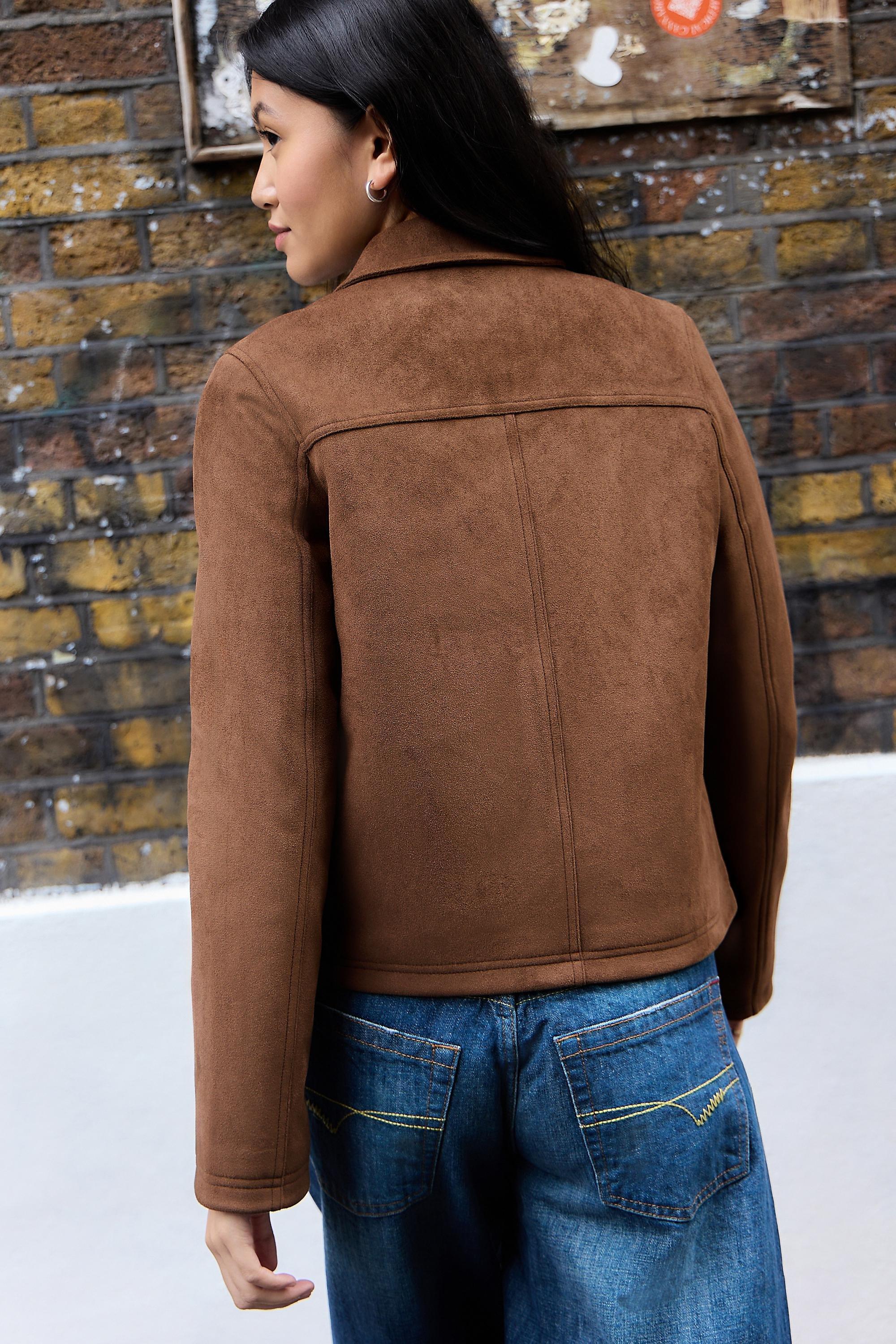 Brown Bdg Zip-Through Faux Suede Jacket, BRN, large image number 3