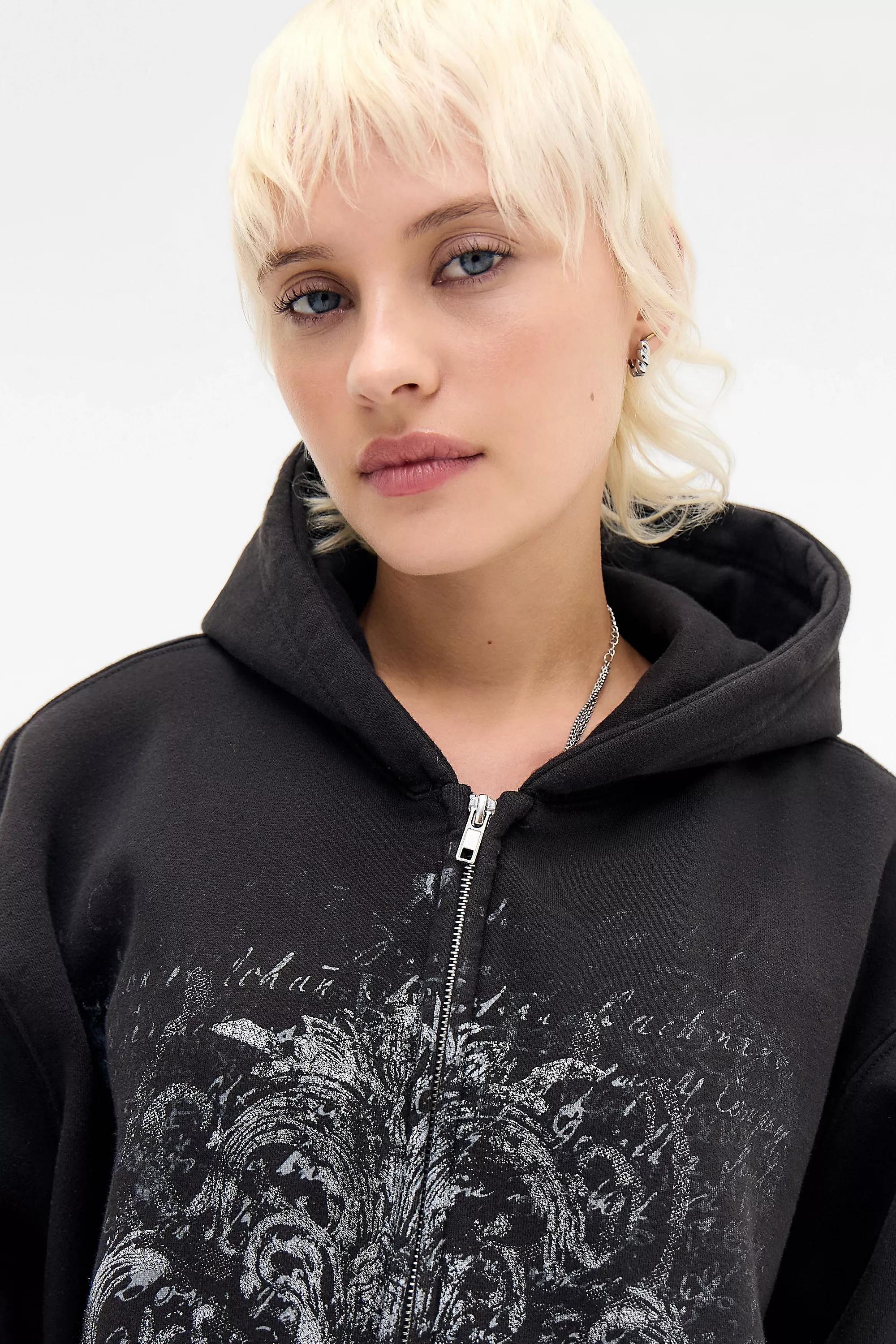Black Uo Grunge Script Zip-Through Hoodie, BLK, large image number 2